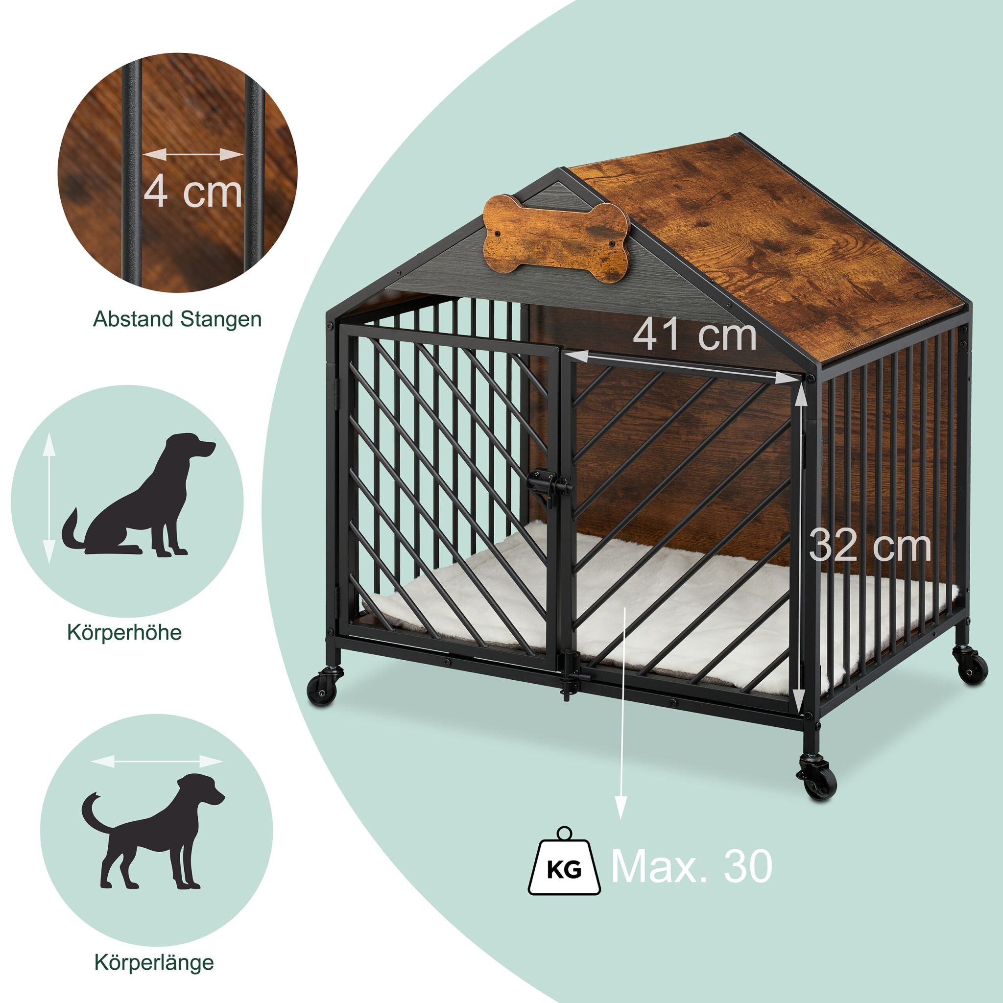 Hundekäfig für Zuhause mit Rollen Dunkelbraun-Schwarz-Grau von Relaxdays