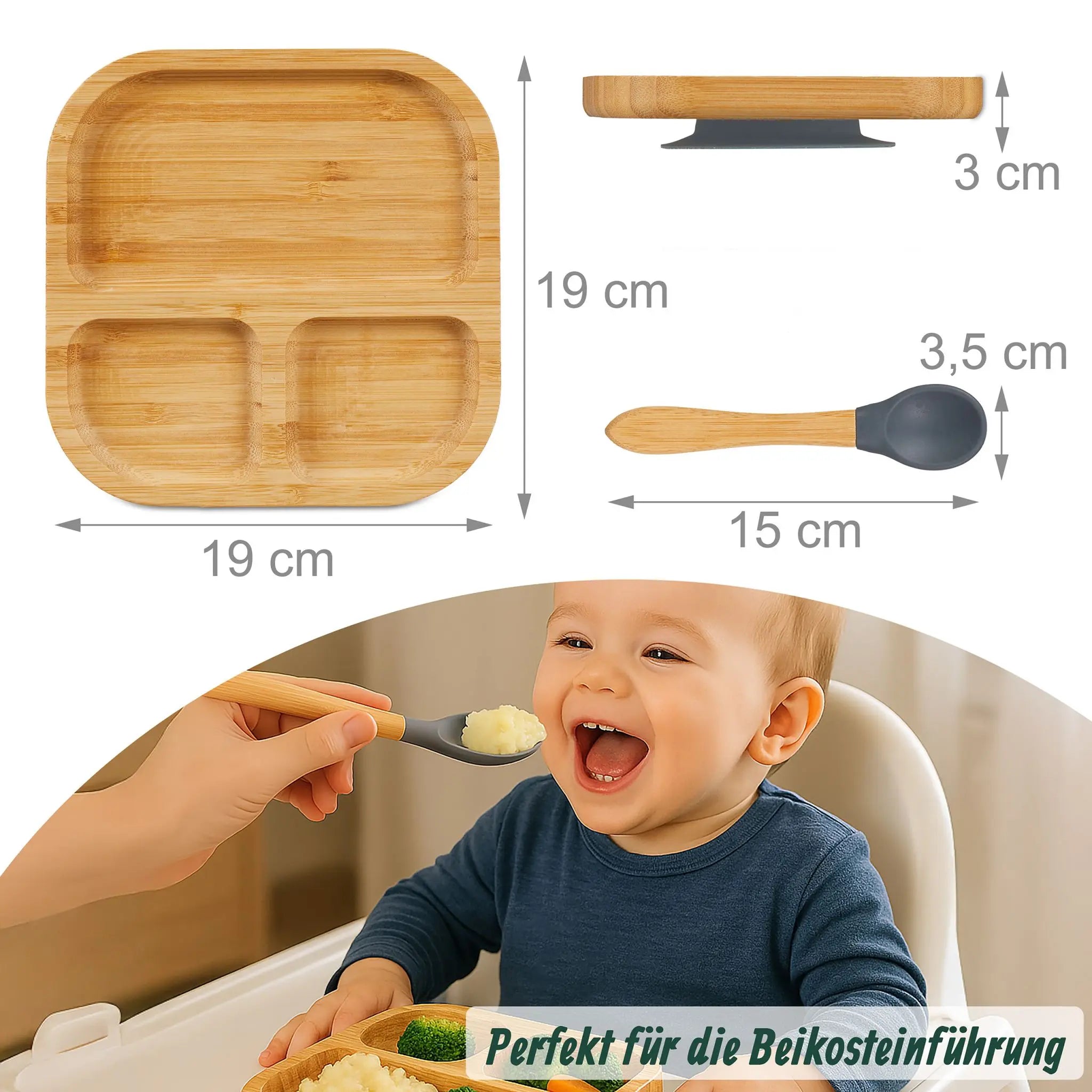 Kinderteller Bambus mit Löffel Hellbraun-Grau von Relaxdays