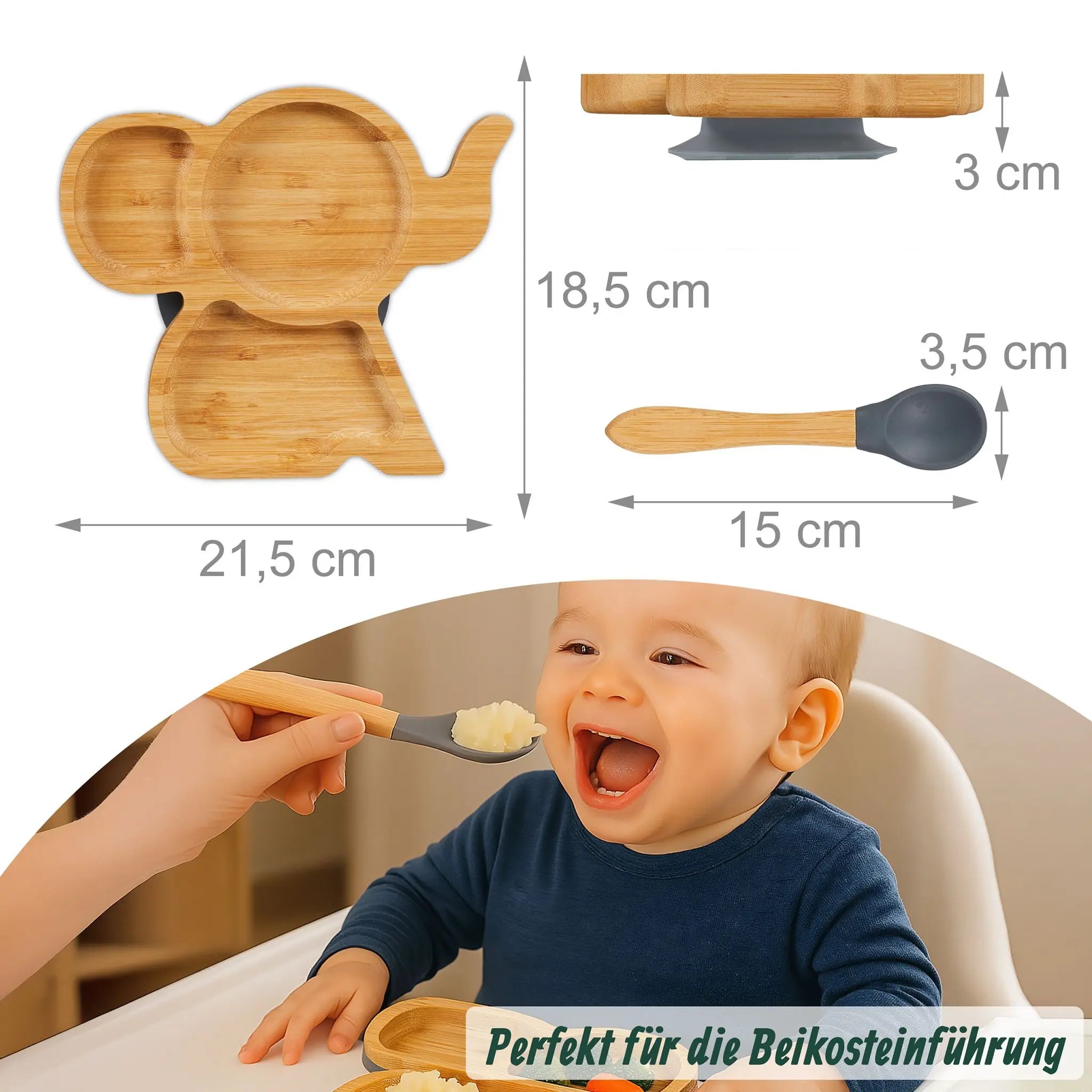Kinderteller Bambus mit Löffel Hellbraun-Grau von Relaxdays