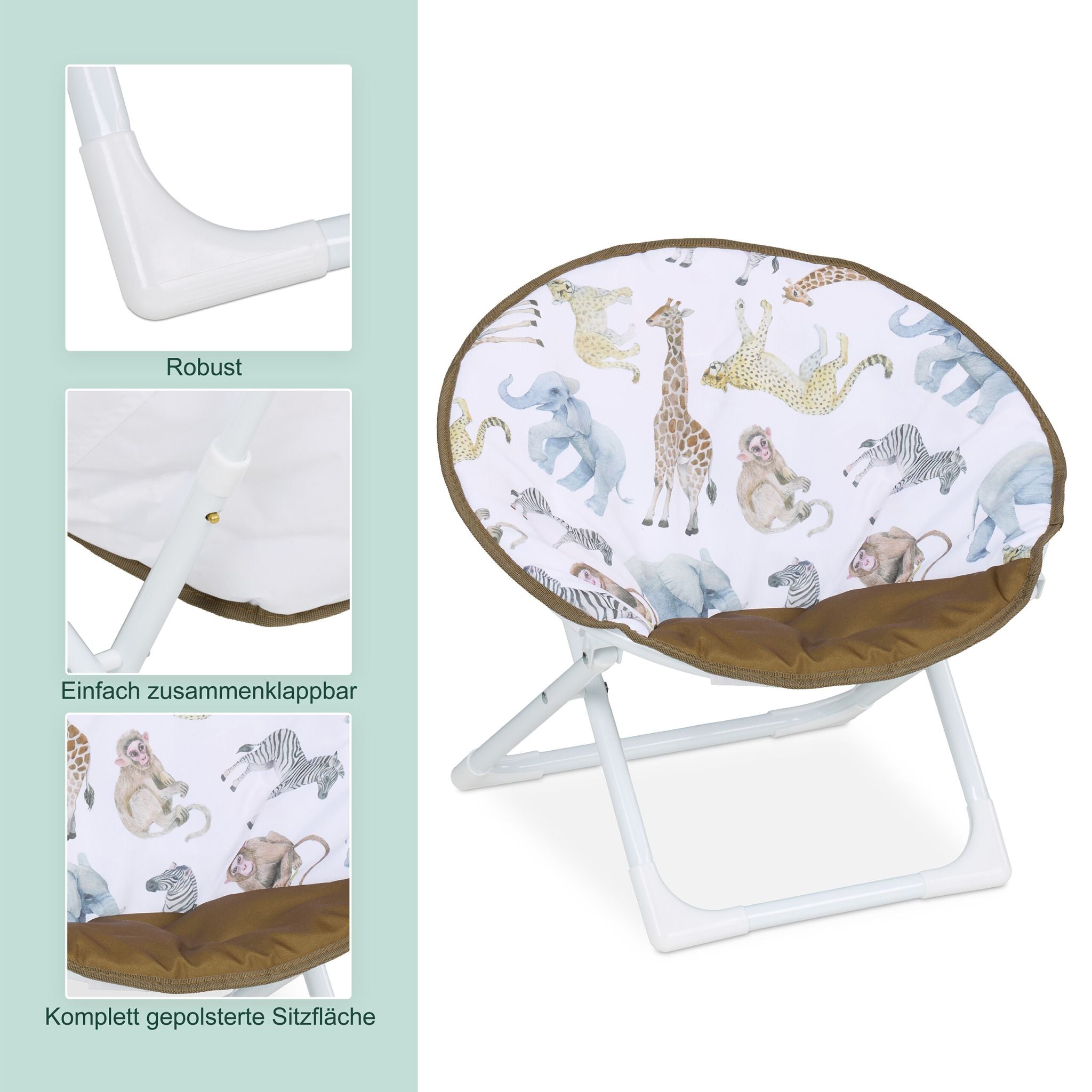 Faltbarer Moonchair für Kinder Weiss-Braun-Dunkelgrün von Relaxdays