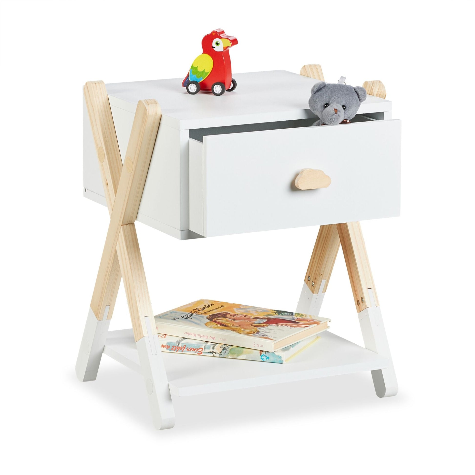 Nachttisch für Kinder mit Schublade Weiss-Hellbraun von Relaxdays