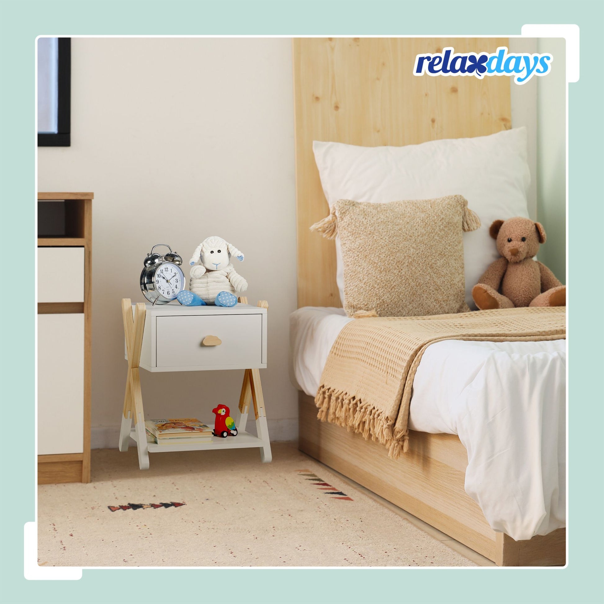 Nachttisch für Kinder mit Schublade Weiss-Hellbraun von Relaxdays