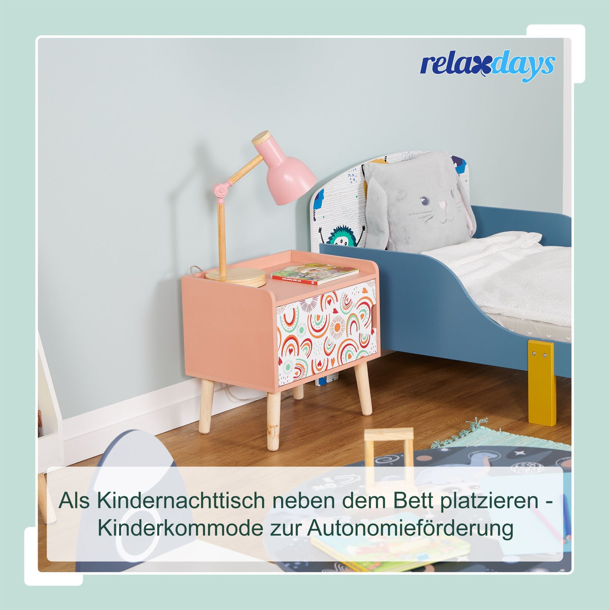 Nachttisch für Kinder mit Staufach Weiss-Hellbraun-Rosa von Relaxdays