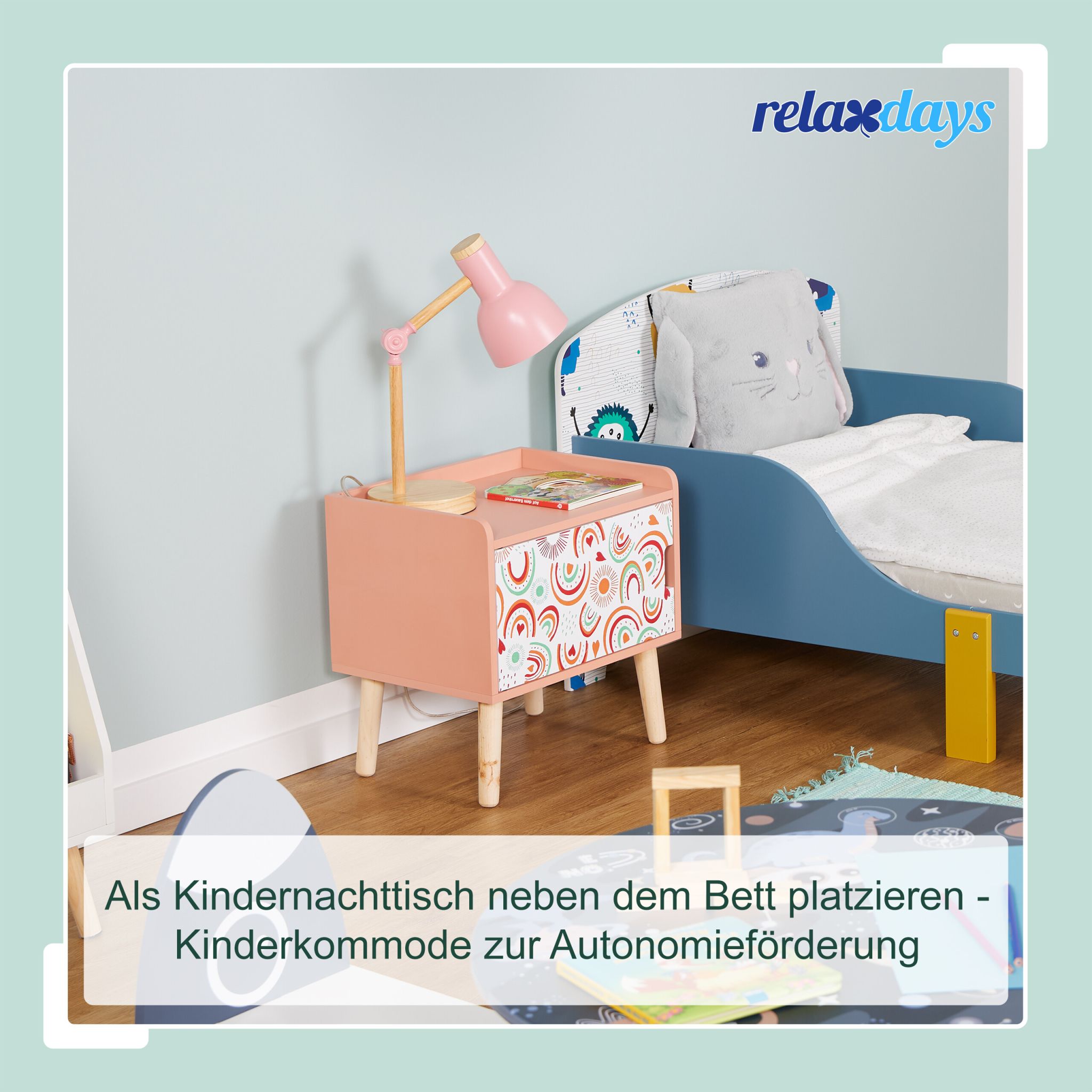 Nachttisch für Kinder mit Staufach Weiss-Hellbraun-Rosa von Relaxdays