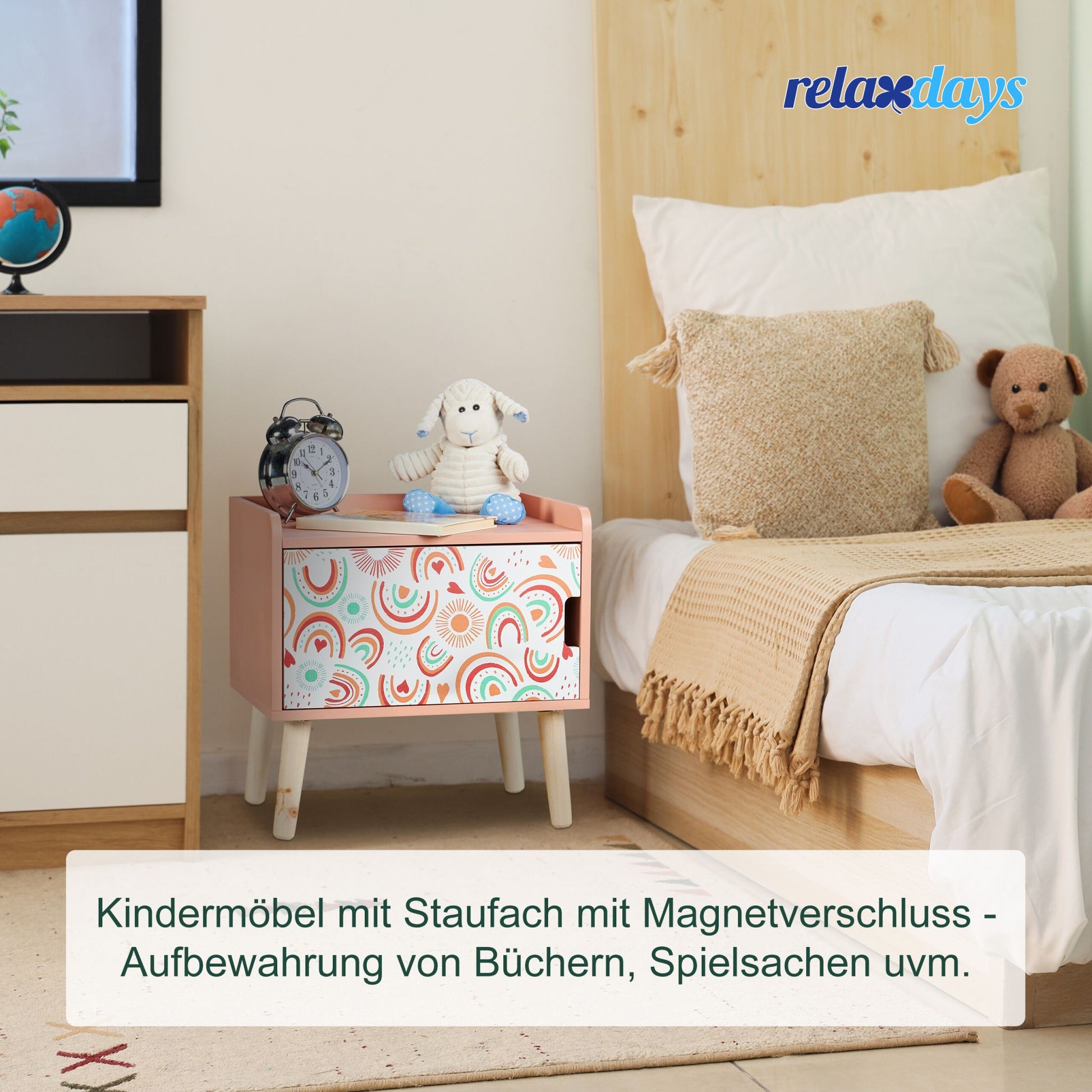 Nachttisch für Kinder mit Staufach Weiss-Hellbraun-Rosa von Relaxdays