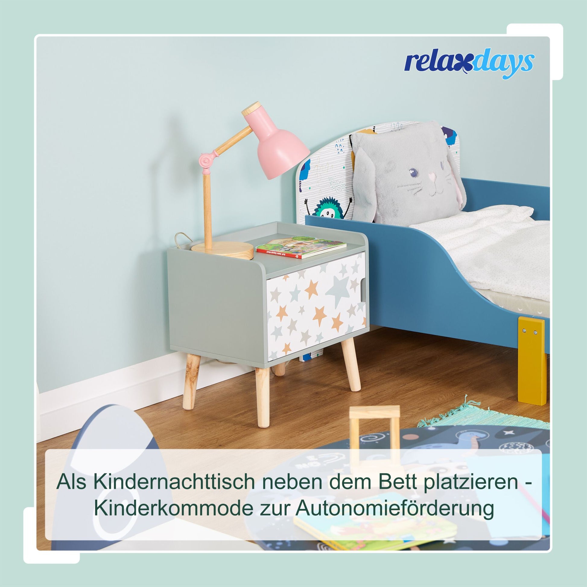 Nachttisch für Kinder mit Staufach Weiss-Grün-Hellbraun von Relaxdays