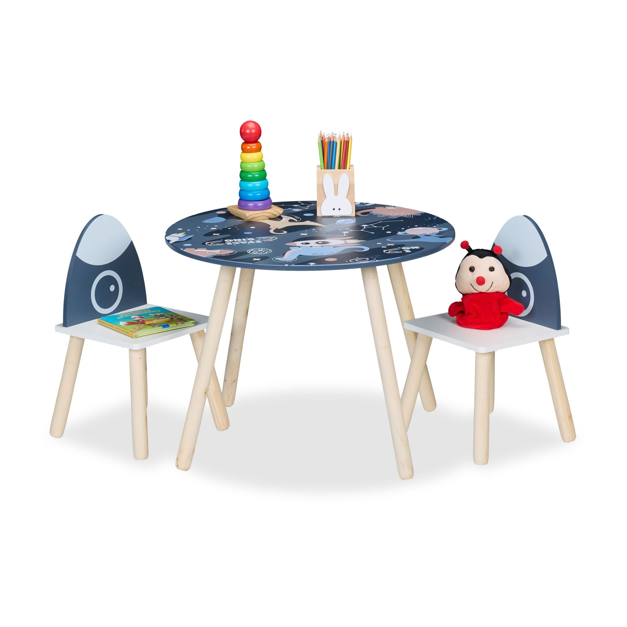Kindersitzgruppe Space Dino 3tlg. Weiss-Dunkelblau-Hellbraun von Relaxdays