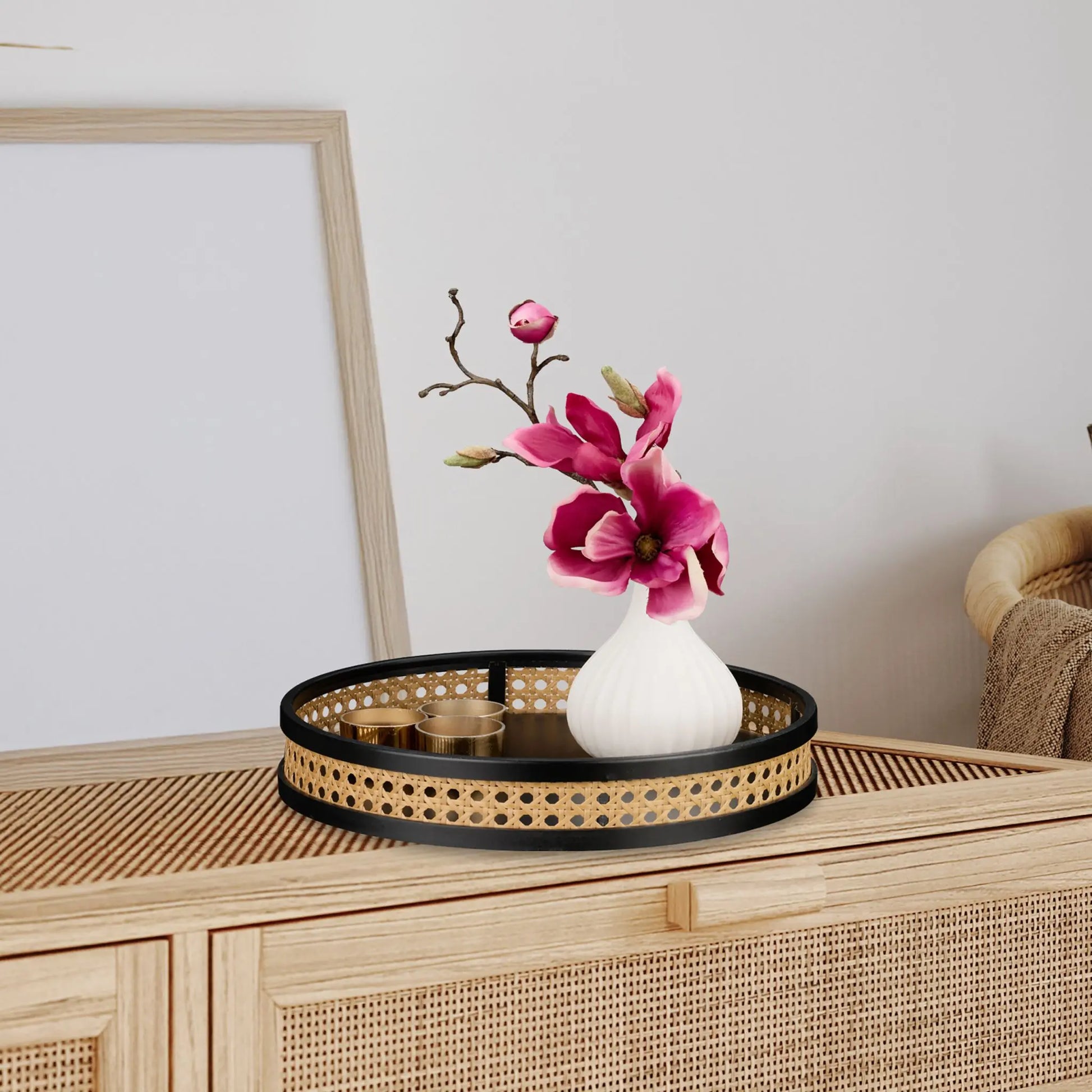 Rundes Dekotablett mit Rattan Hellbraun-Schwarz von Relaxdays