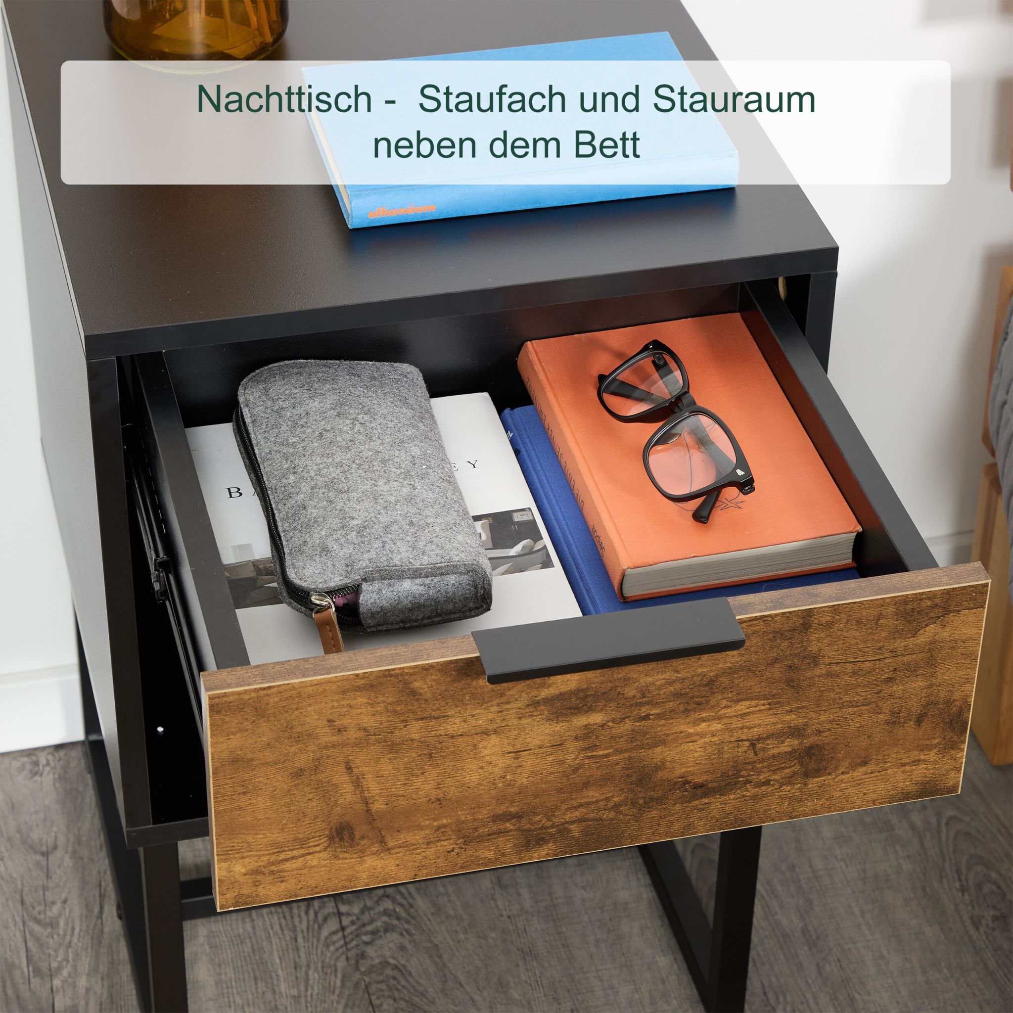 Nachttisch Industrial mit Schublade Braun-Schwarz von Relaxdays