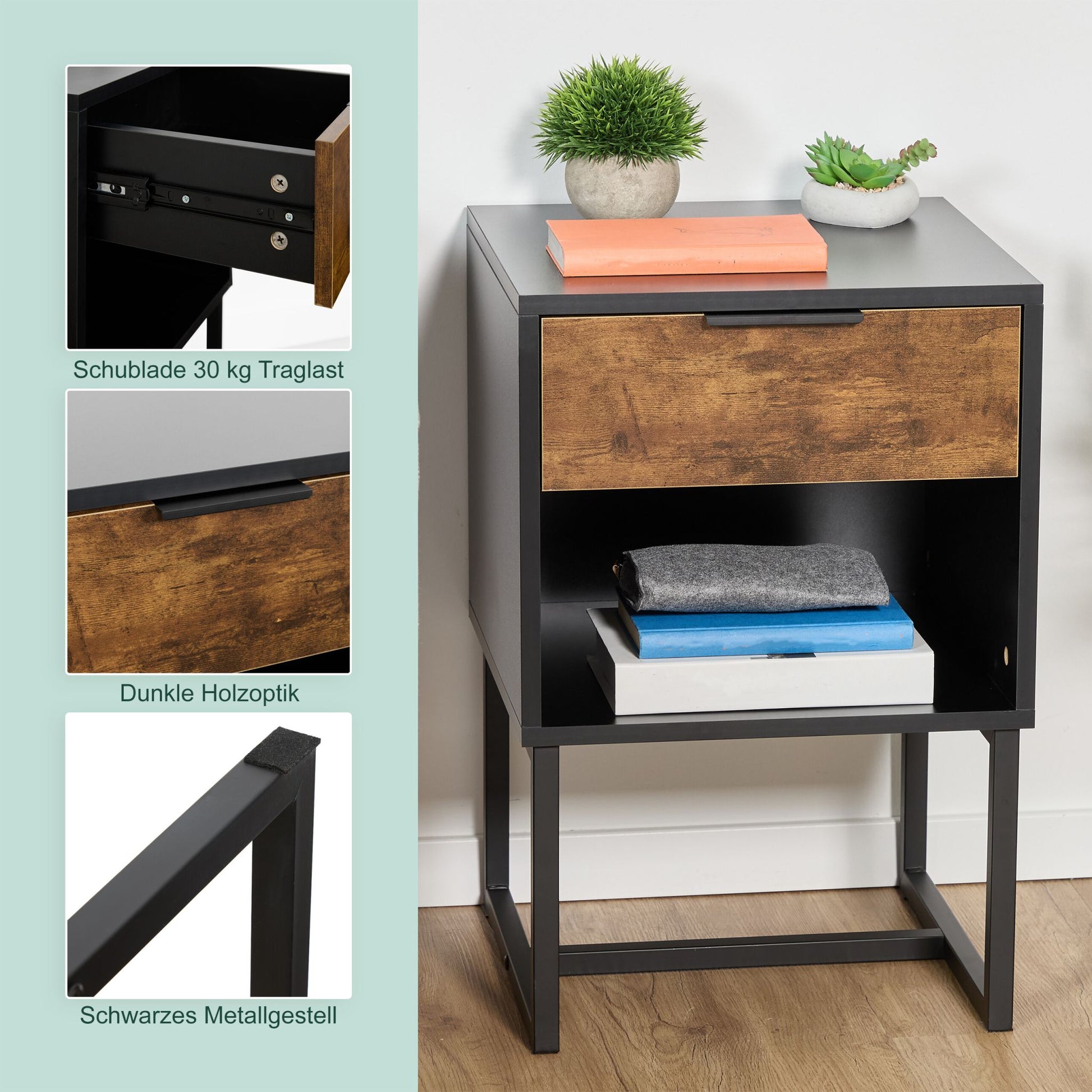 Nachttisch Industrial mit Schublade Braun-Schwarz von Relaxdays