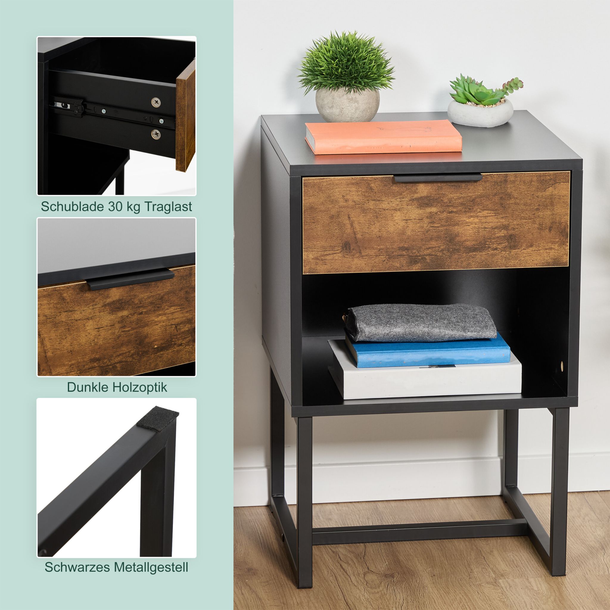 Nachttisch Industrial mit Schublade Braun-Schwarz von Relaxdays
