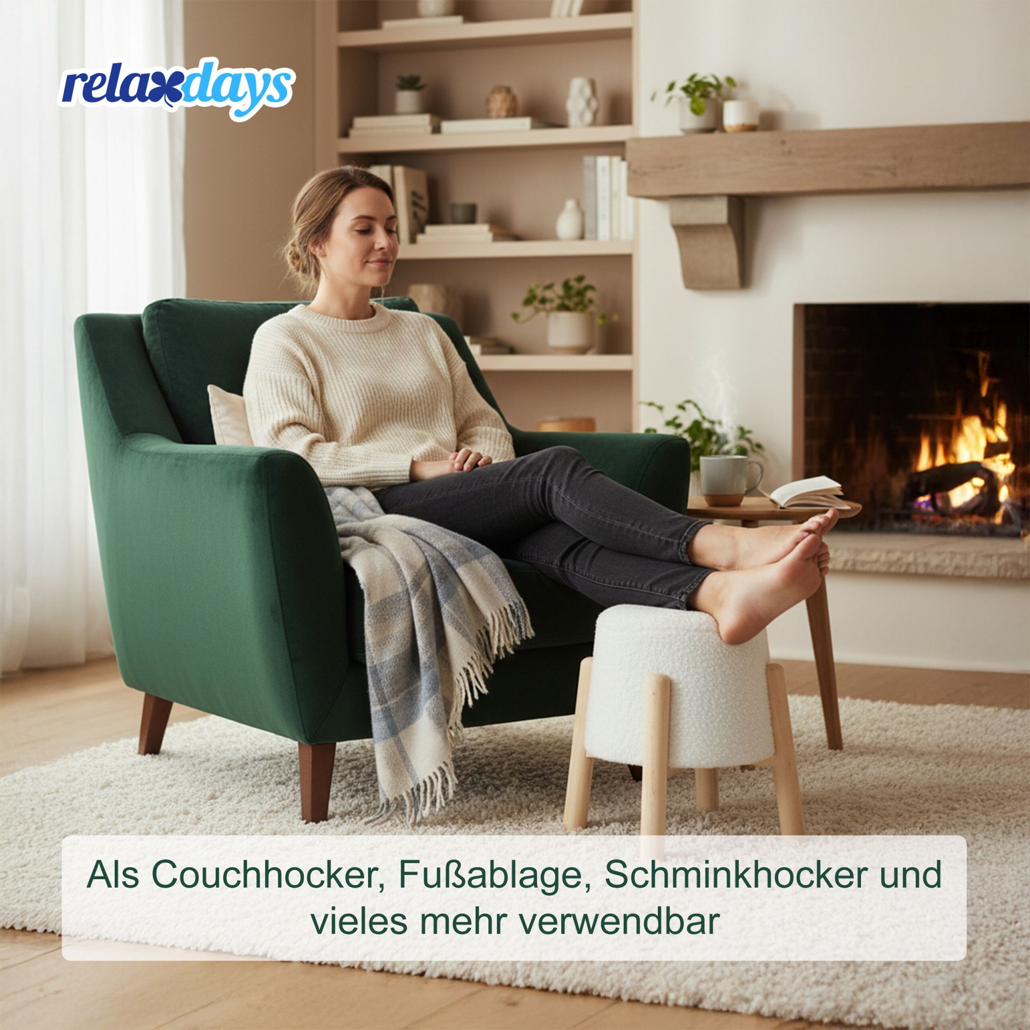 Sitzhocker mit Teddyfell Weiss-Hellbraun von Relaxdays