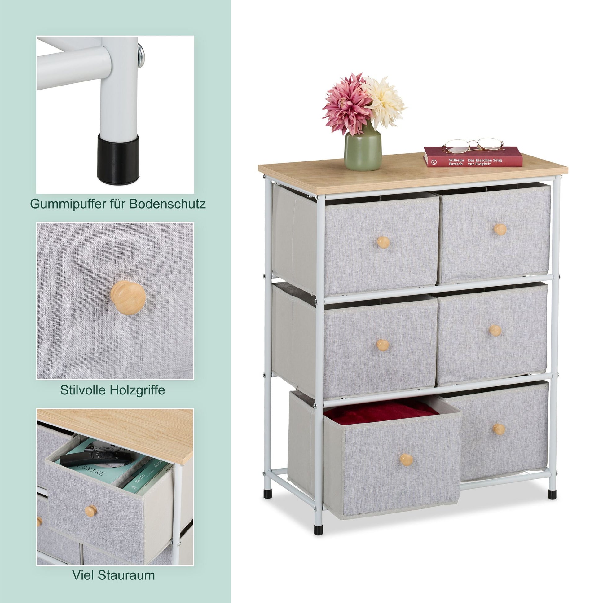 Kommode 6 Schubladen Weiss-Hellbraun-Grau von Relaxdays