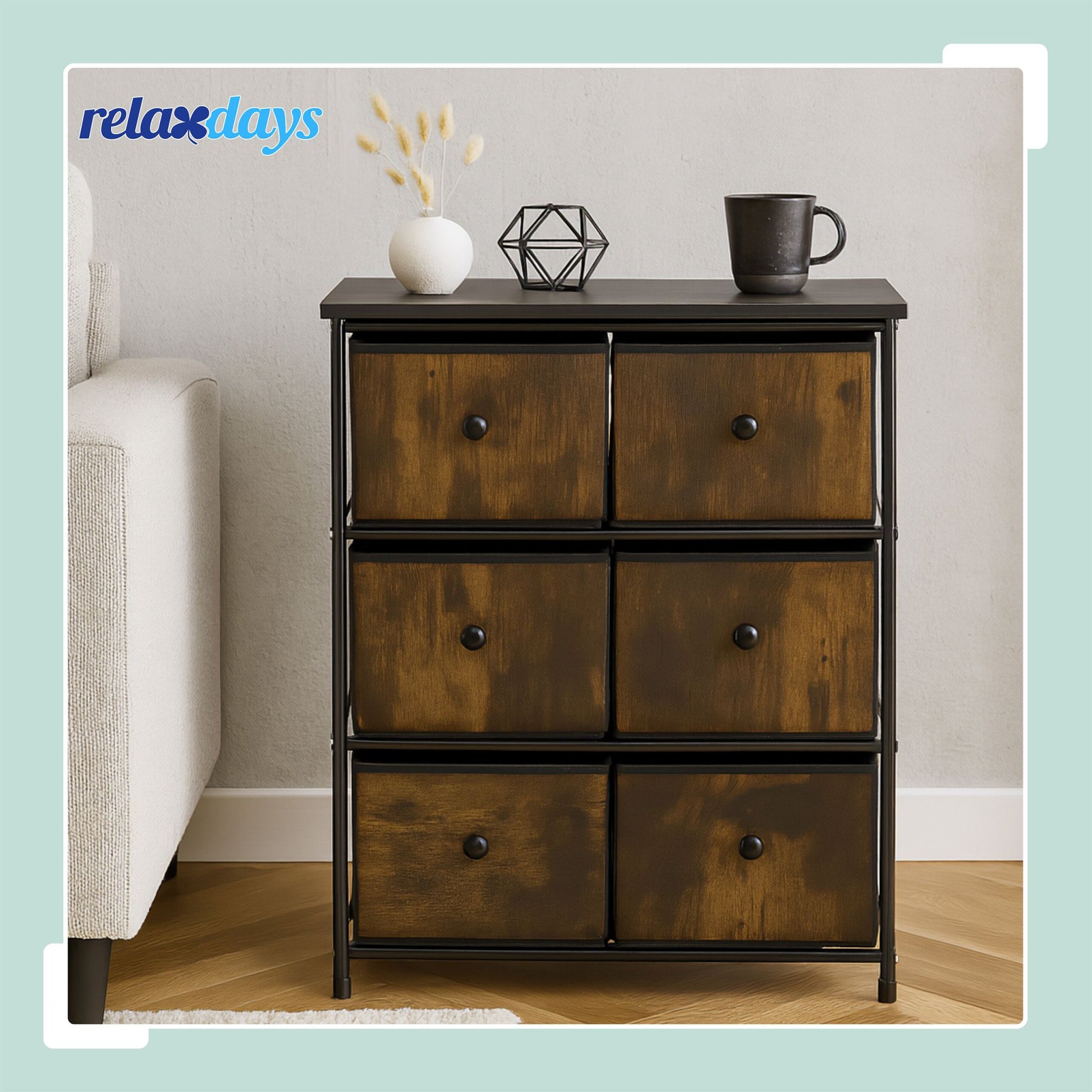 Kommode 6 Schubladen Anthrazit-Braun-Schwarz von Relaxdays