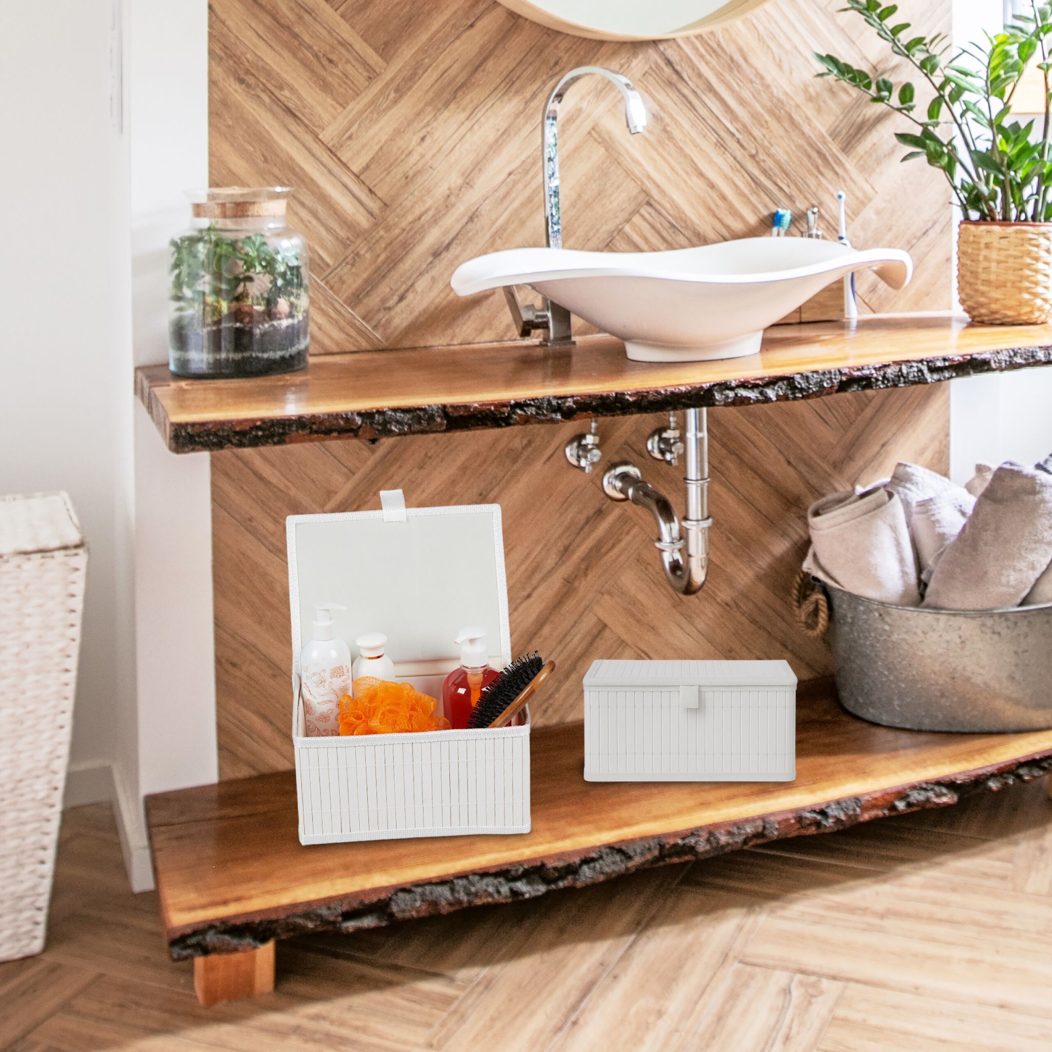 Aufbewahrungskorb Bambus 2-tlg. Set Weiss von Relaxdays