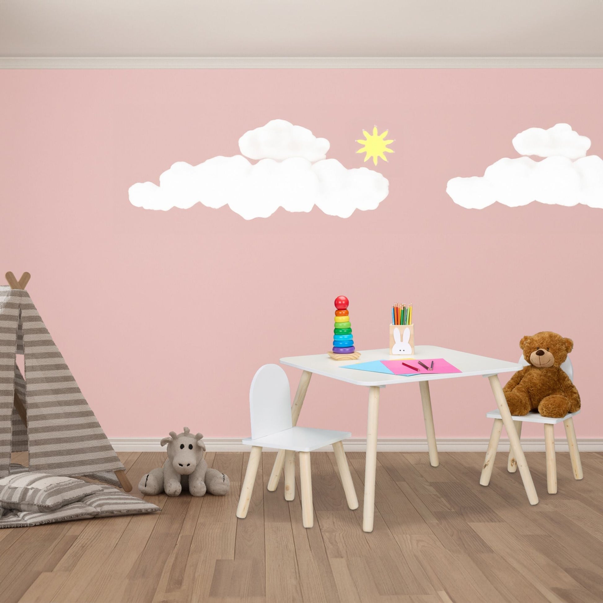 Kindersitzgruppe 3tlg. Weiss-Hellbraun von Relaxdays