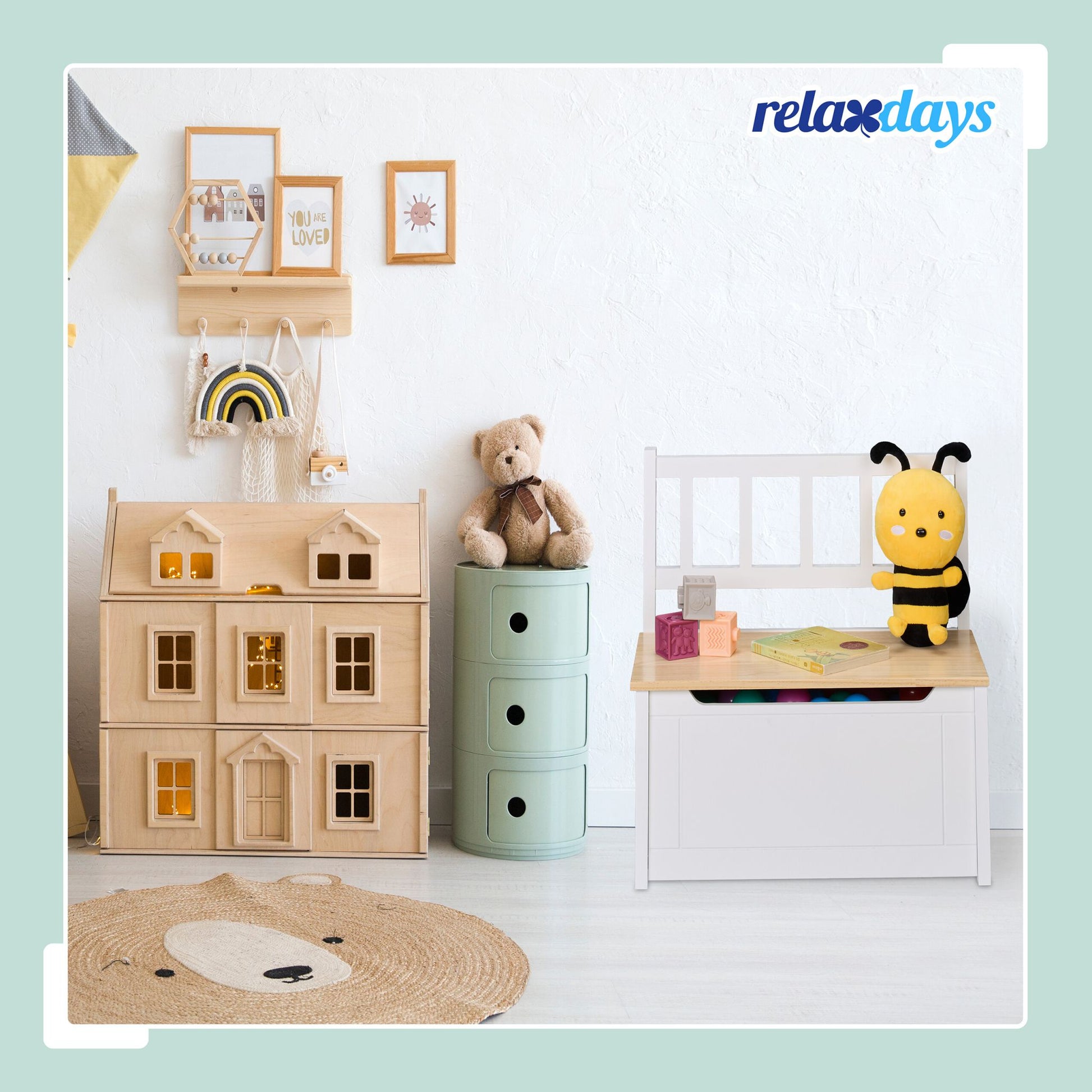 Kinderbank mit Stauraum Weiss-Hellbraun von Relaxdays