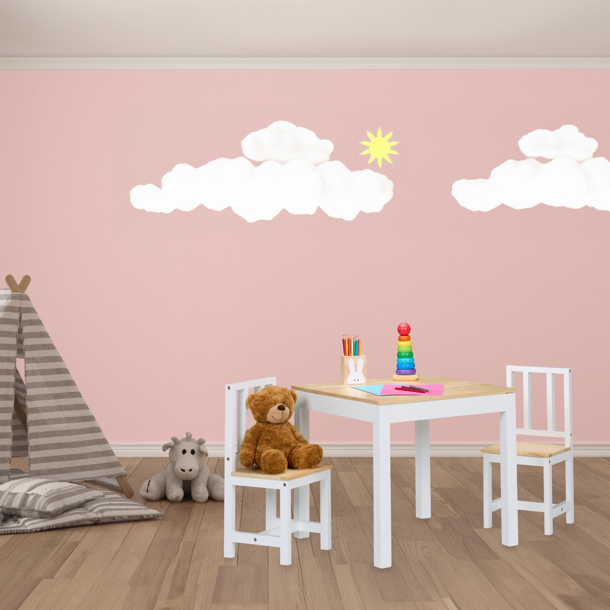 Kindersitzgruppe 3tlg. Weiss-Hellbraun von Relaxdays