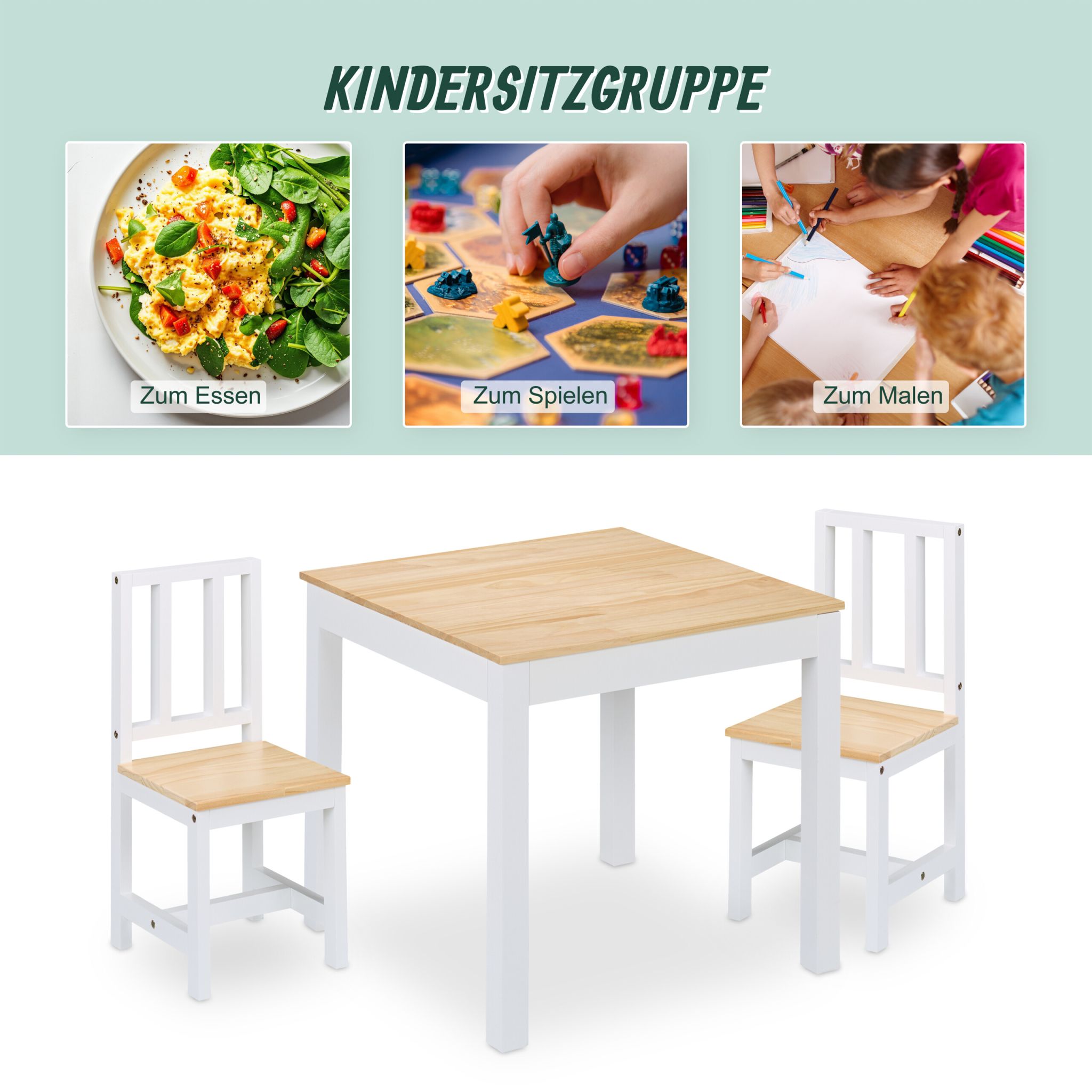 Kindersitzgruppe 3tlg. Weiss-Hellbraun von Relaxdays