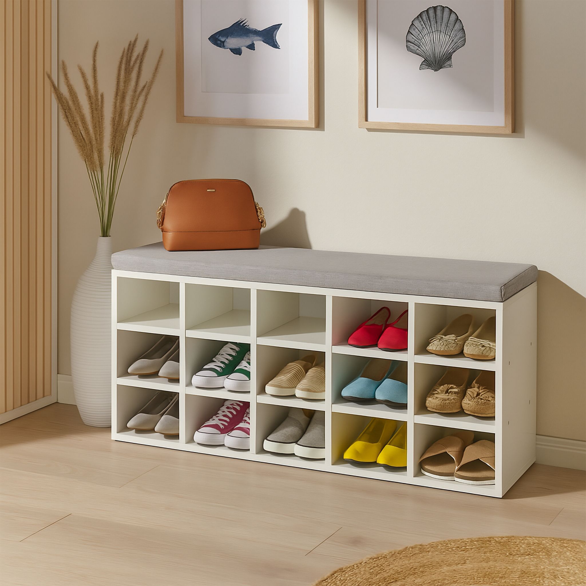 Schuhbank mit gepolsterter Sitzfläche Weiss-Grau von Relaxdays