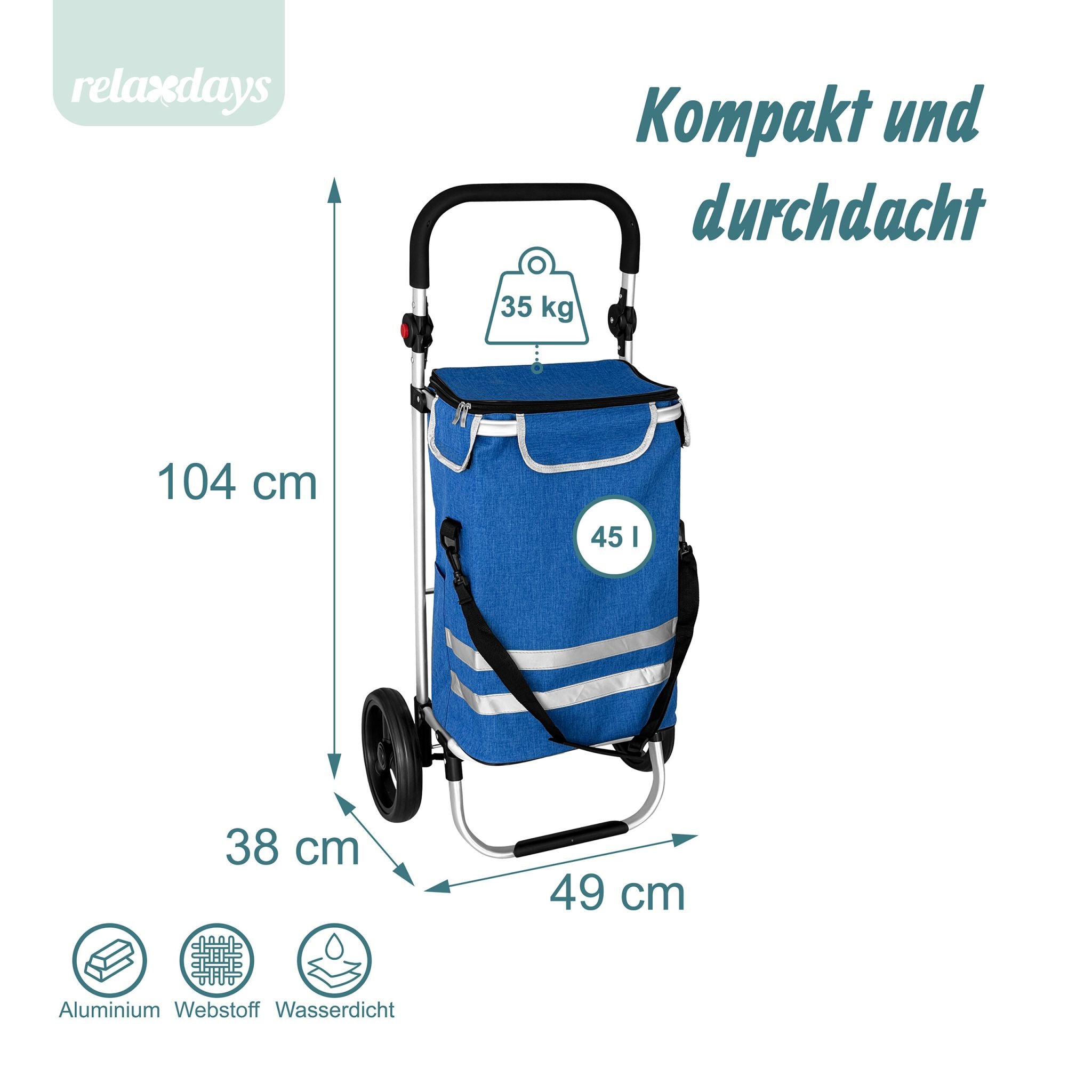 Klappbarer Einkaufstrolley 45L Blau-Schwarz-Silber von Relaxdays