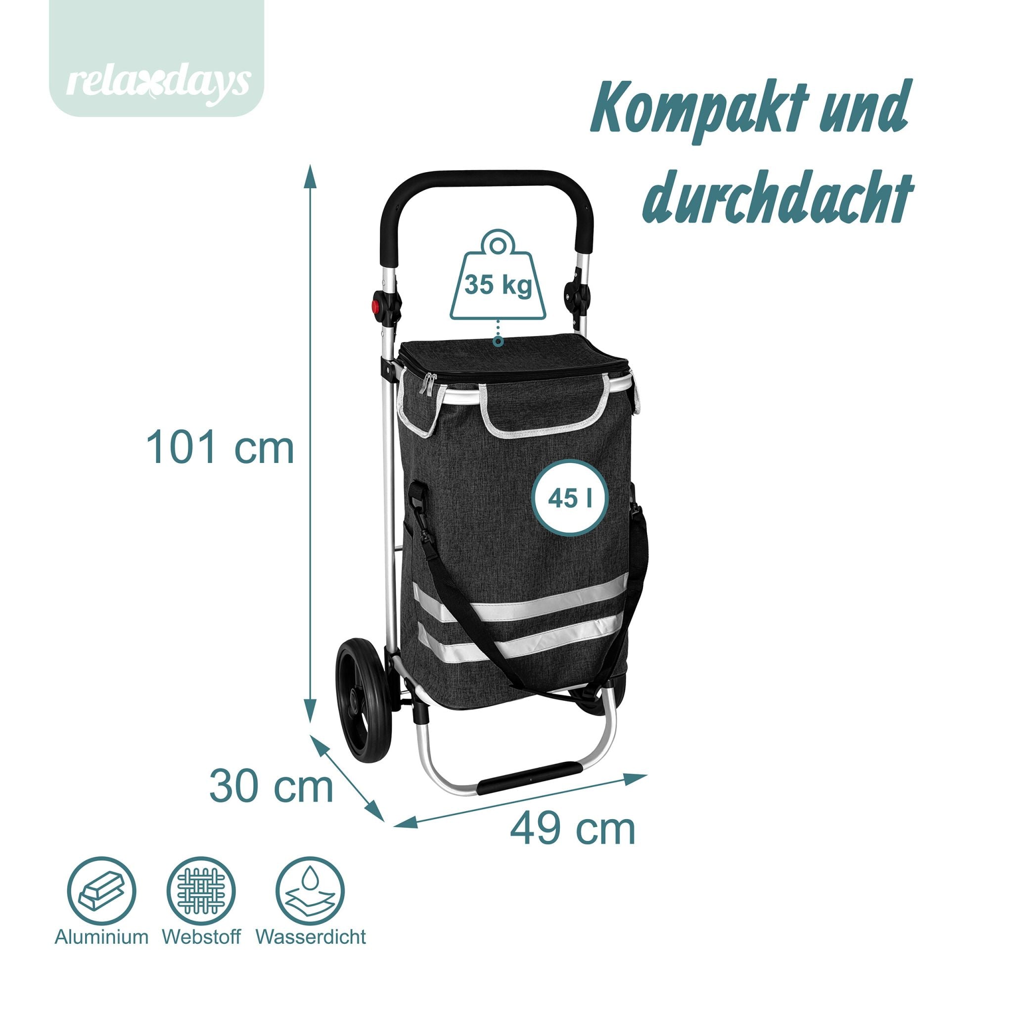 Klappbarer Einkaufstrolley 45L Schwarz-Silber von Relaxdays