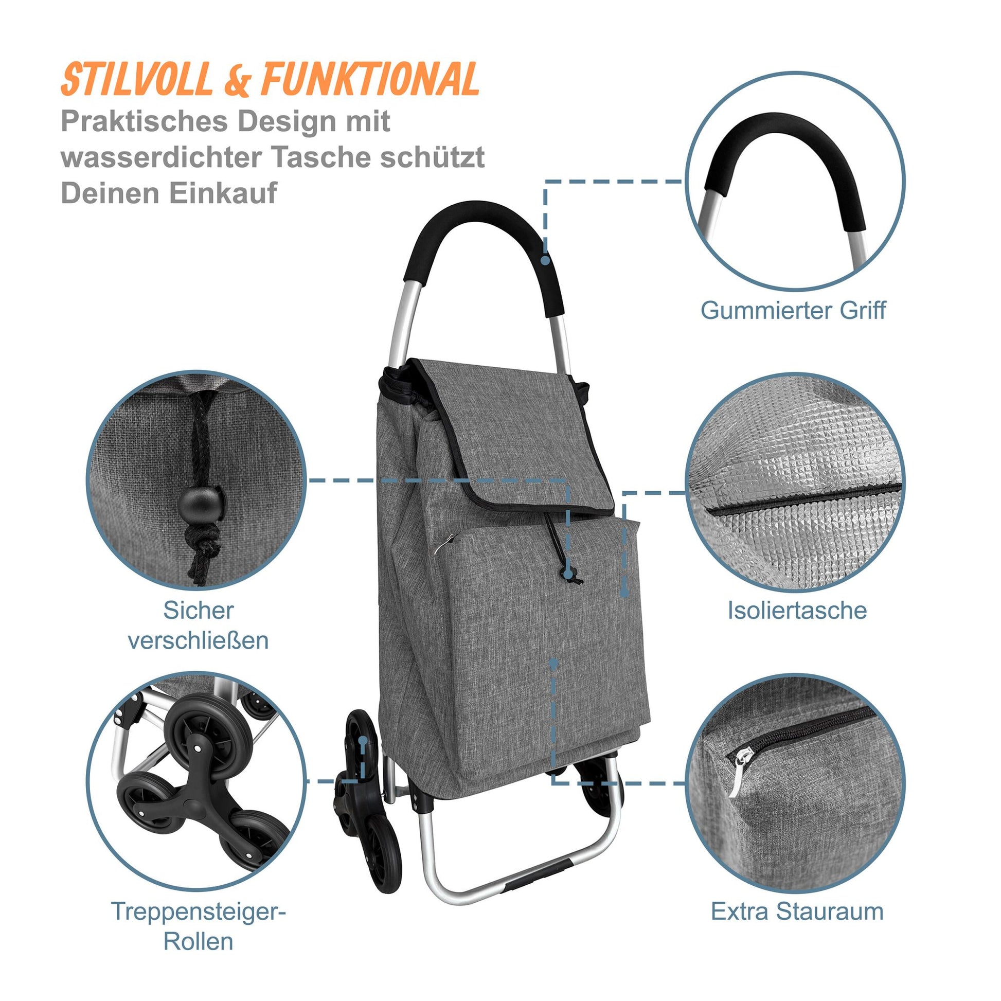 Einkaufstrolley Treppensteiger 45L Schwarz-Silber-Grau von Relaxdays