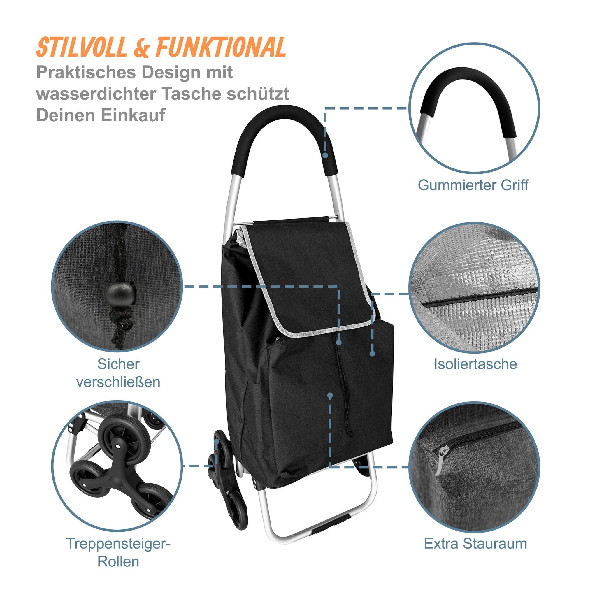 Einkaufstrolley Treppensteiger 45L Schwarz-Silber von Relaxdays