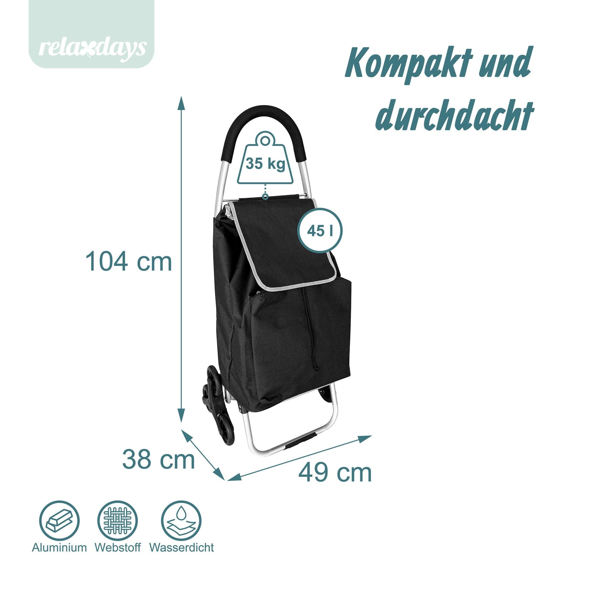 Einkaufstrolley Treppensteiger 45L Schwarz-Silber von Relaxdays