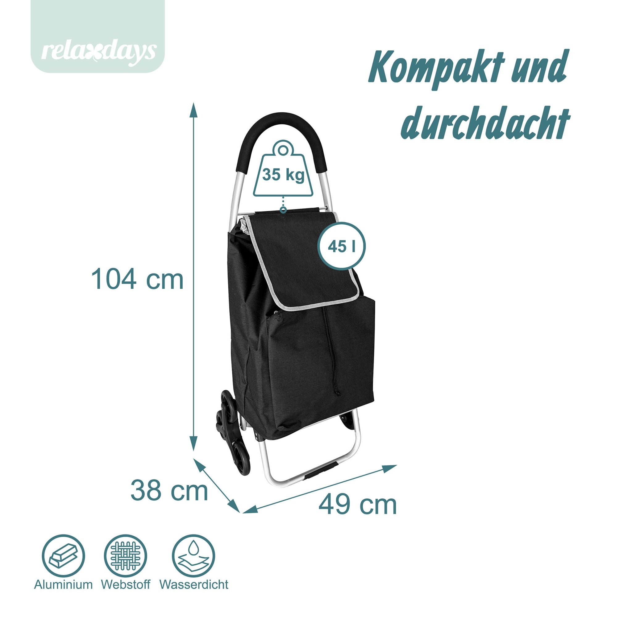 Einkaufstrolley Treppensteiger 45L Schwarz-Silber von Relaxdays