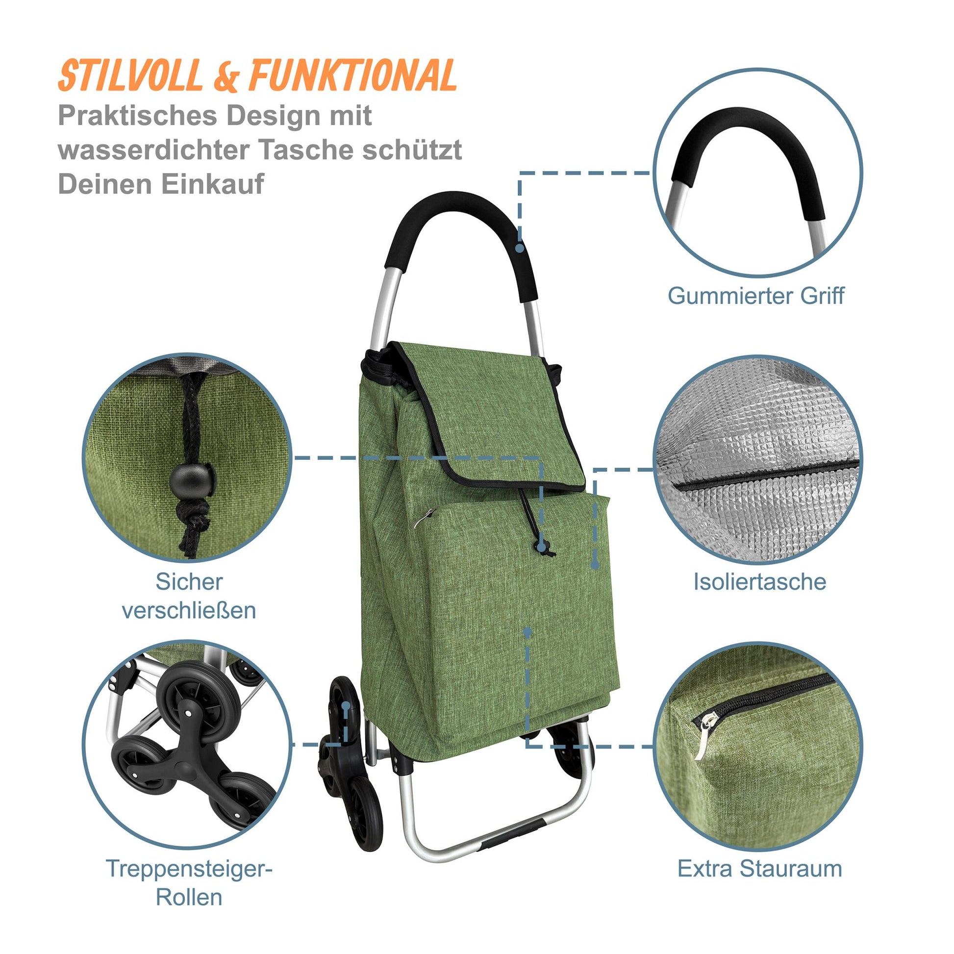 Einkaufstrolley Treppensteiger 45L Grün-Schwarz-Silber von Relaxdays