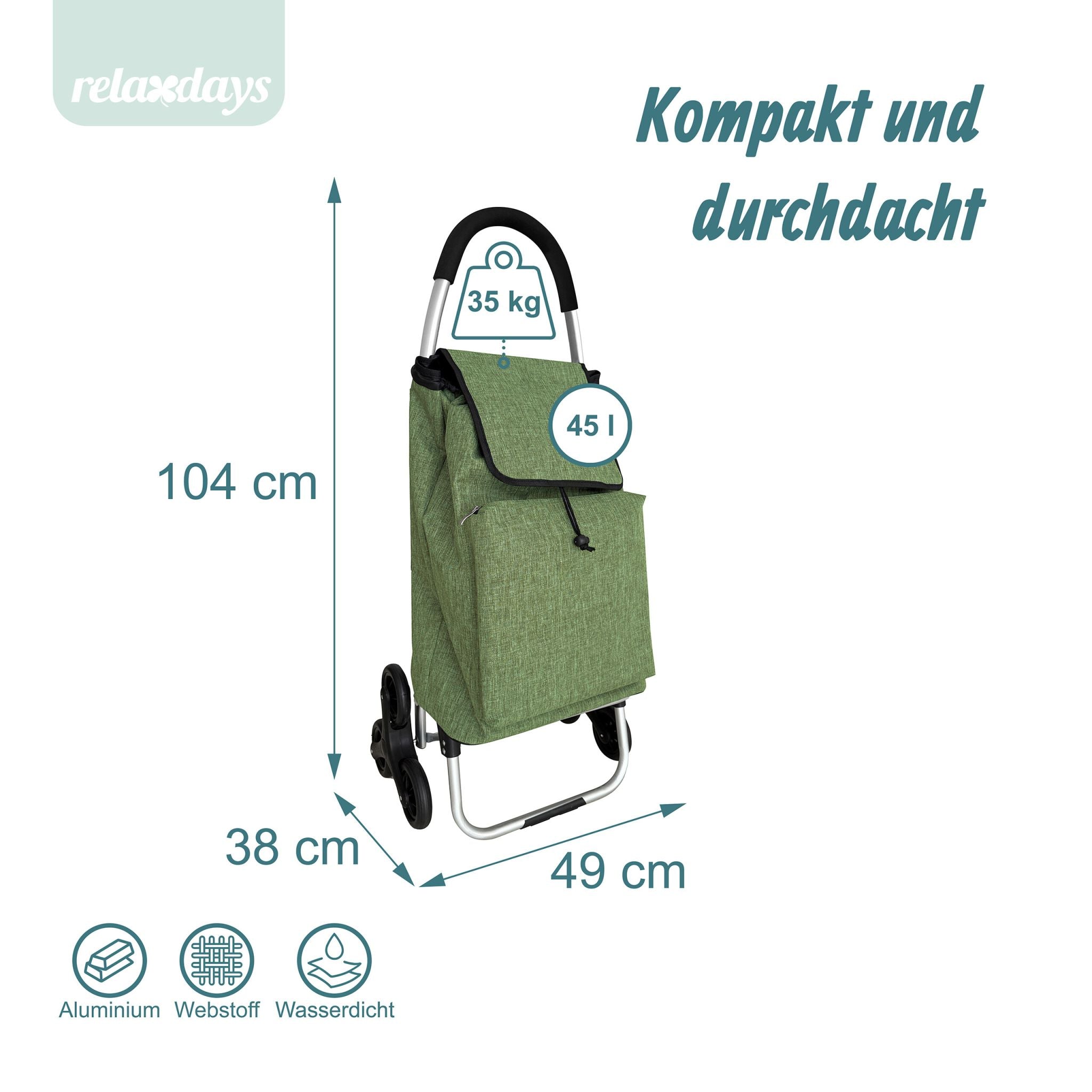 Einkaufstrolley Treppensteiger 45L Grün-Schwarz-Silber von Relaxdays