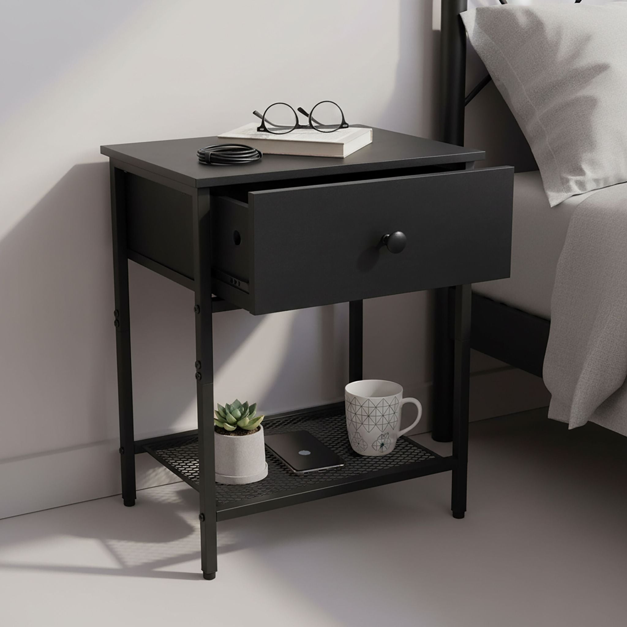 Nachttisch 2er-Set Schublade & Ablage Schwarz von Relaxdays