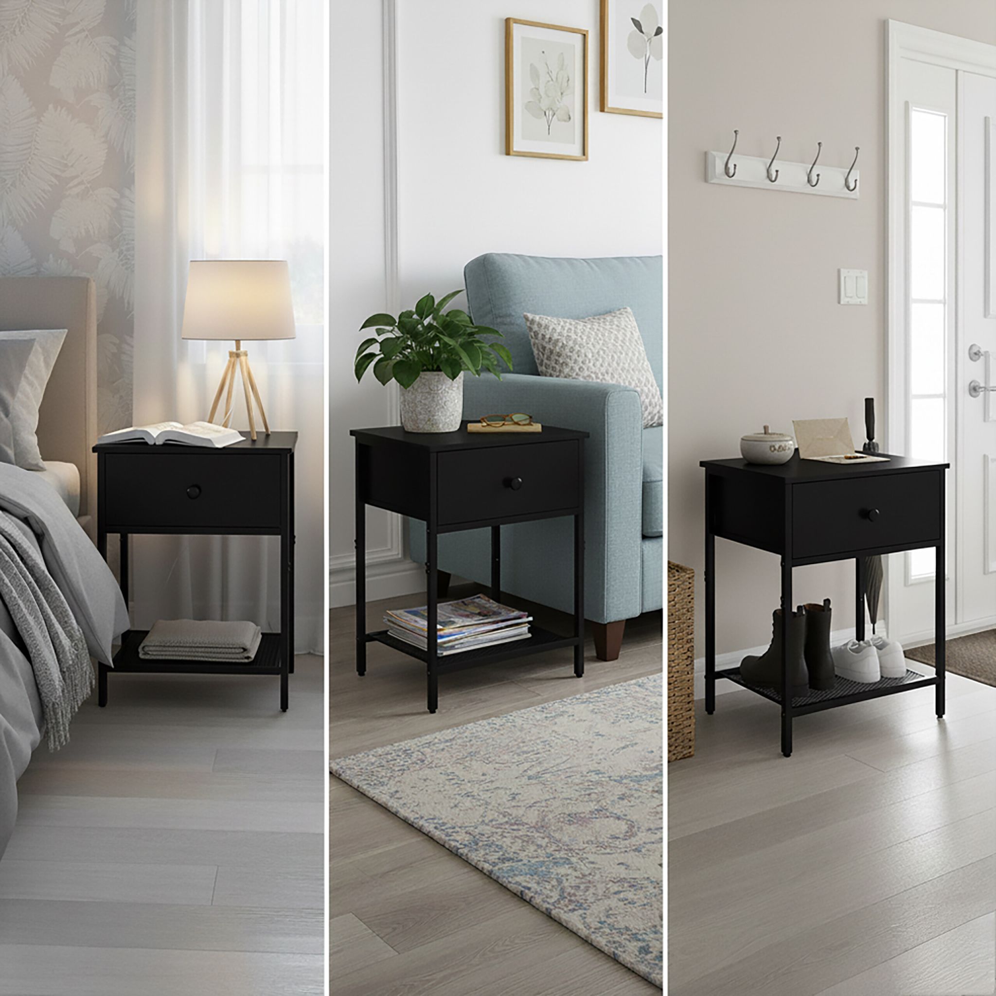 Nachttisch 2er-Set Schublade & Ablage Schwarz von Relaxdays