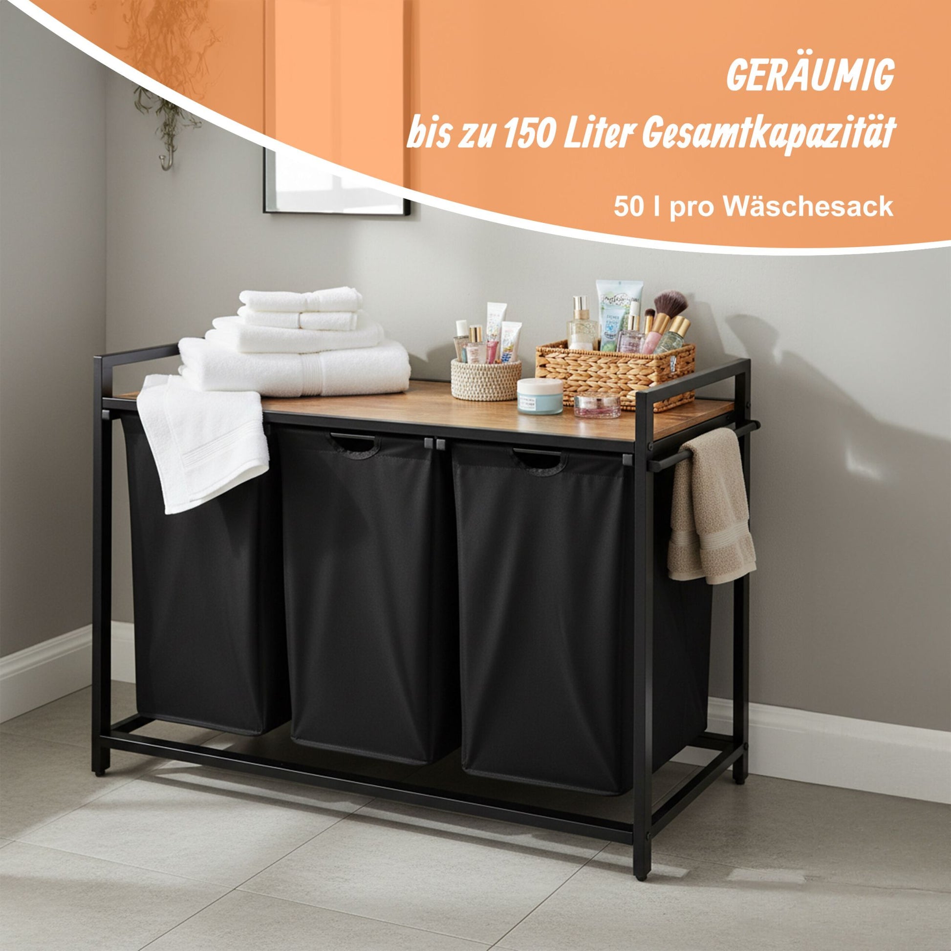 Wäschesammler 3 Fächer mit Ablage Hellbraun-Schwarz von Relaxdays