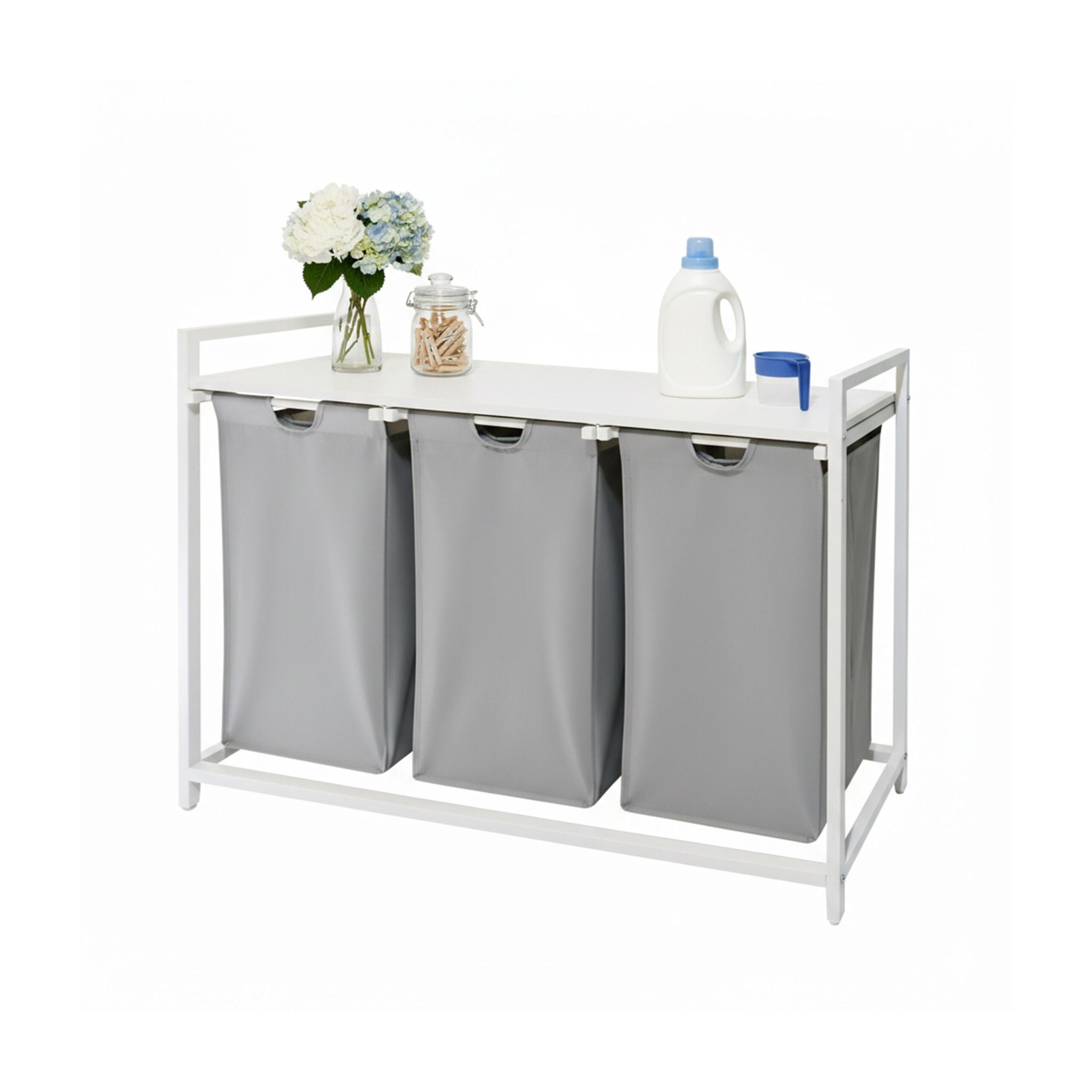 Wäschesammler 3 Fächer mit Ablage Weiss-Grau von Relaxdays