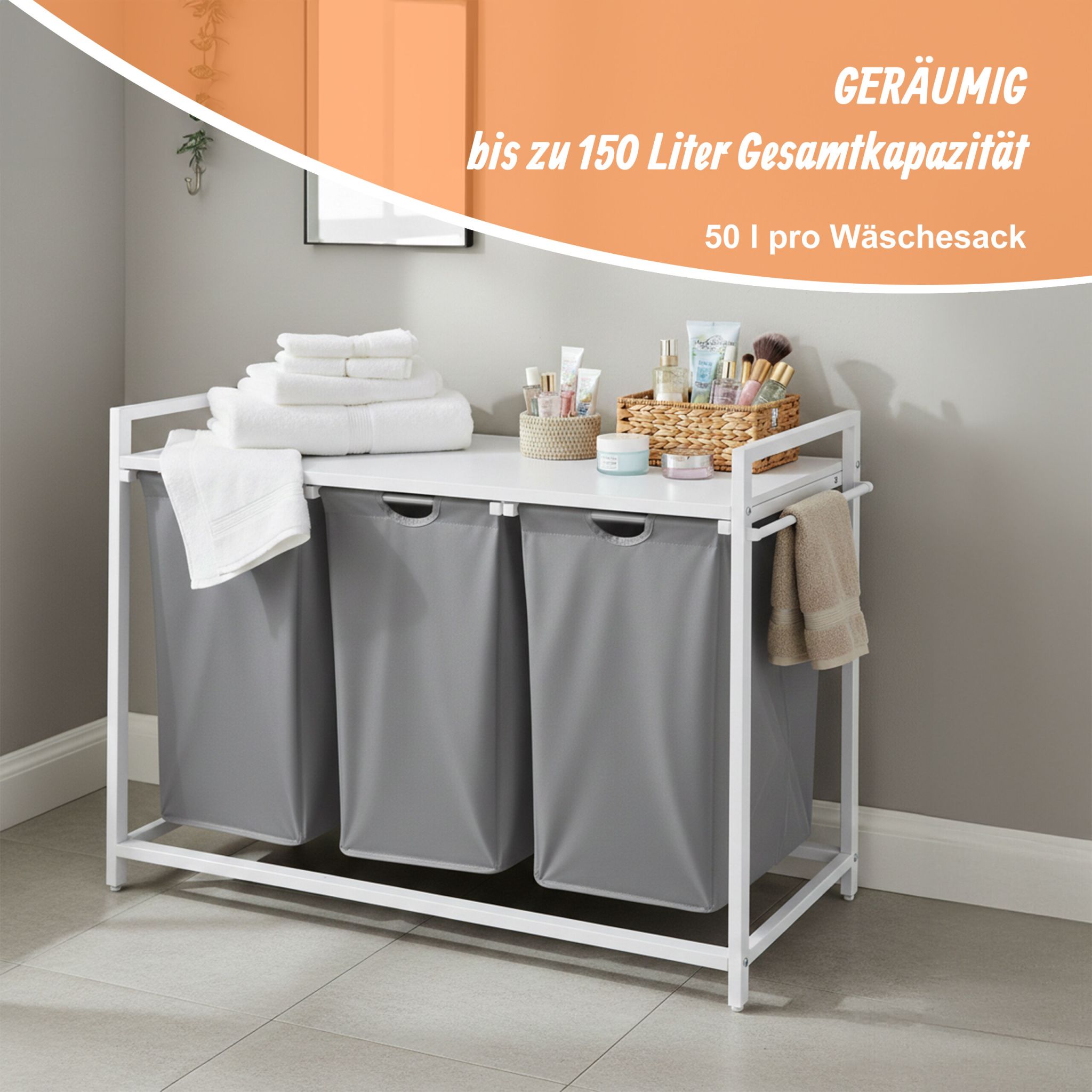 Wäschesammler 3 Fächer mit Ablage Weiss-Grau von Relaxdays
