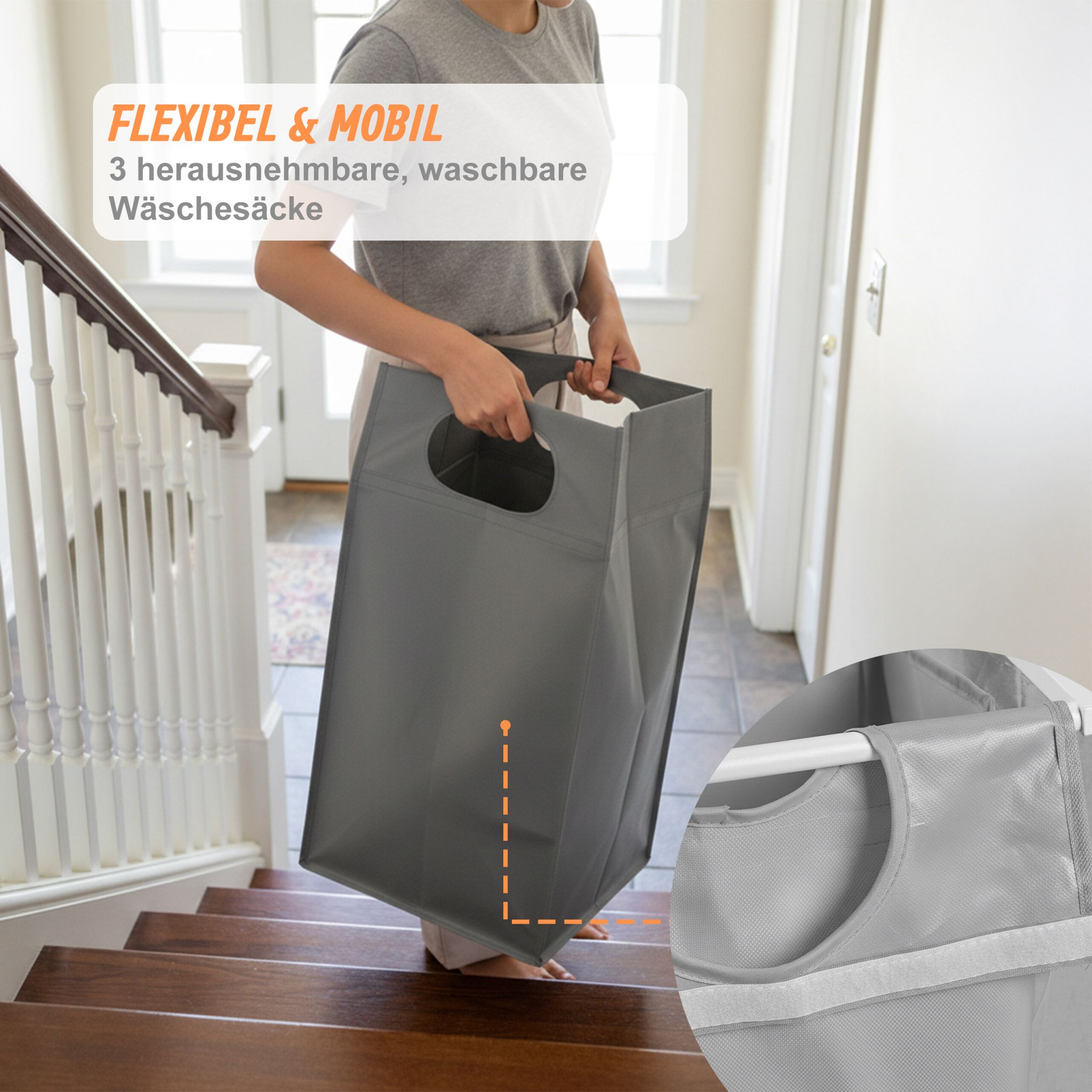 Wäschesammler 3 Fächer mit Ablage Weiss-Grau von Relaxdays