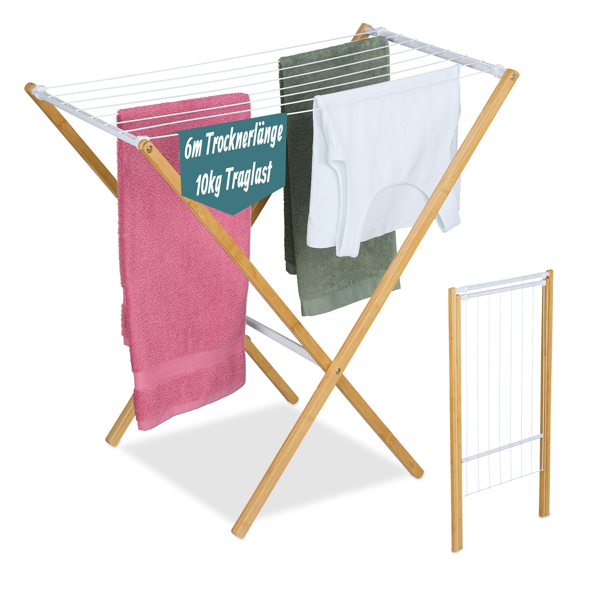 Klappbarer Wäscheständer Weiss-Hellbraun von Relaxdays