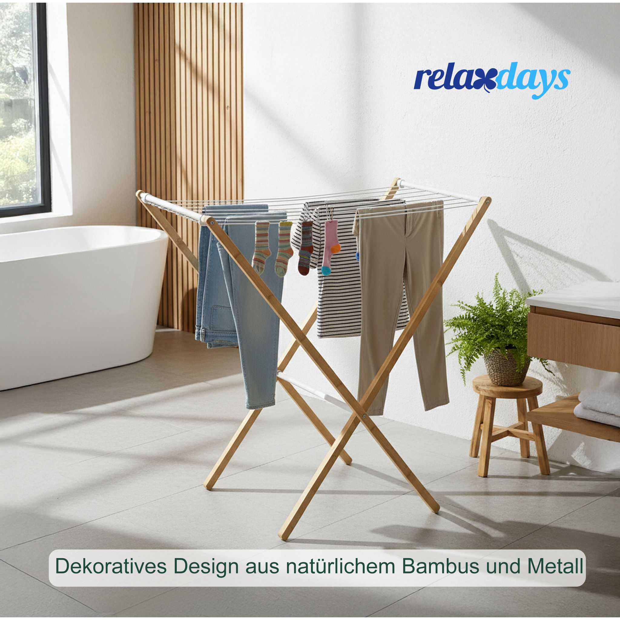 Klappbarer Wäscheständer Weiss-Hellbraun von Relaxdays