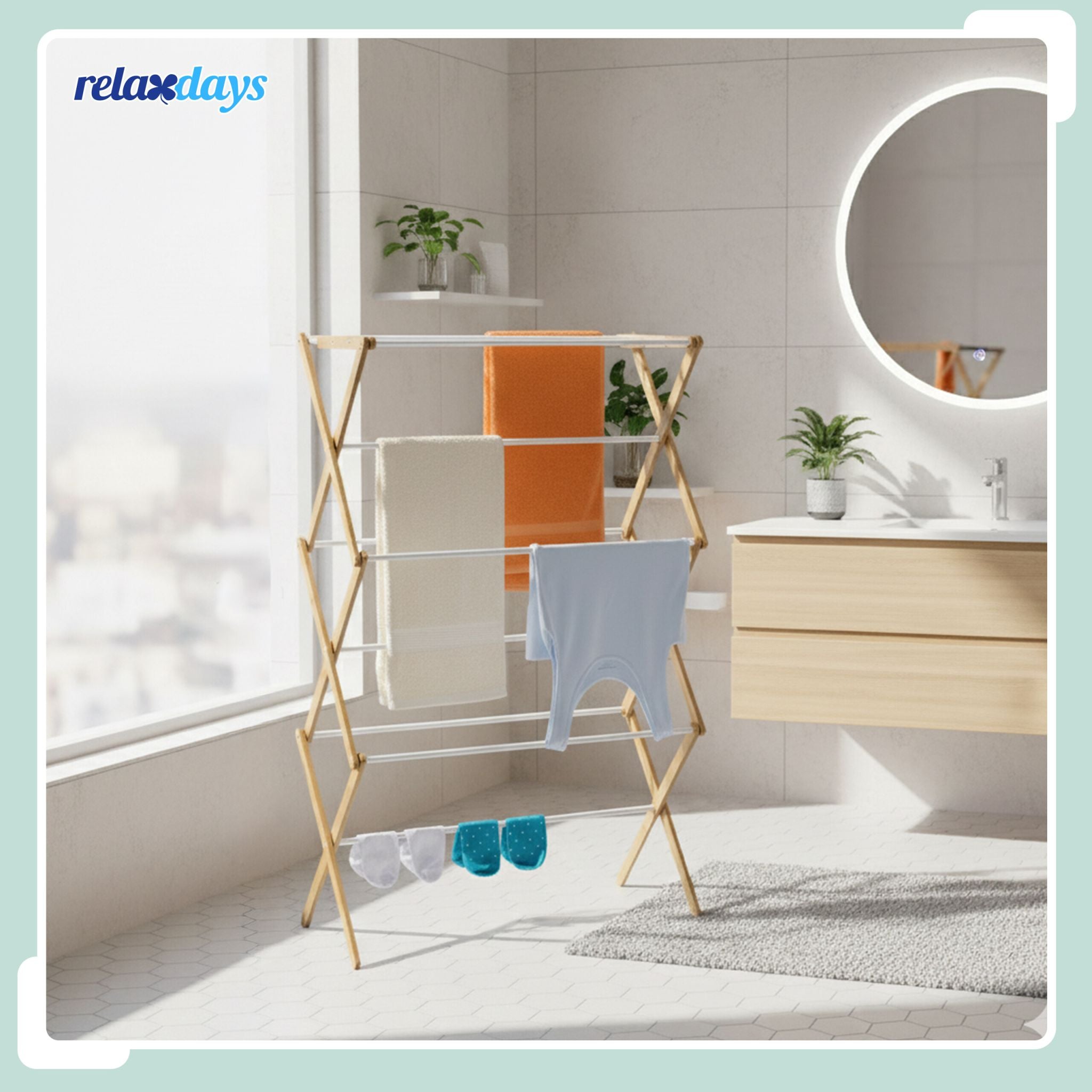 Klappbarer Wäscheständer Weiss-Hellbraun von Relaxdays
