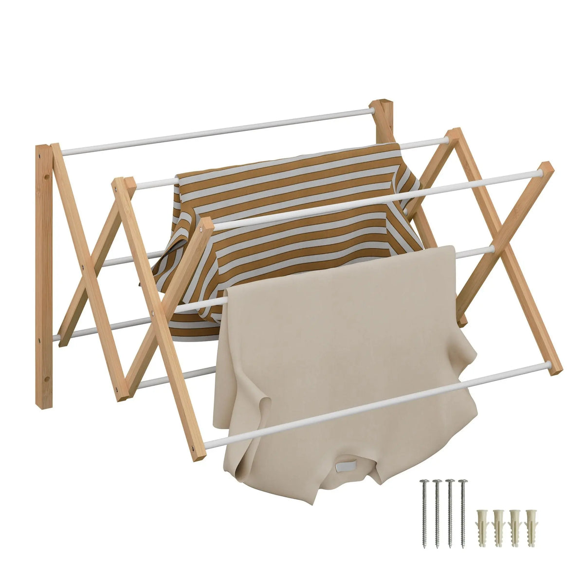 Wäscheständer Wandmontage ziehbar Weiss-Hellbraun von Relaxdays