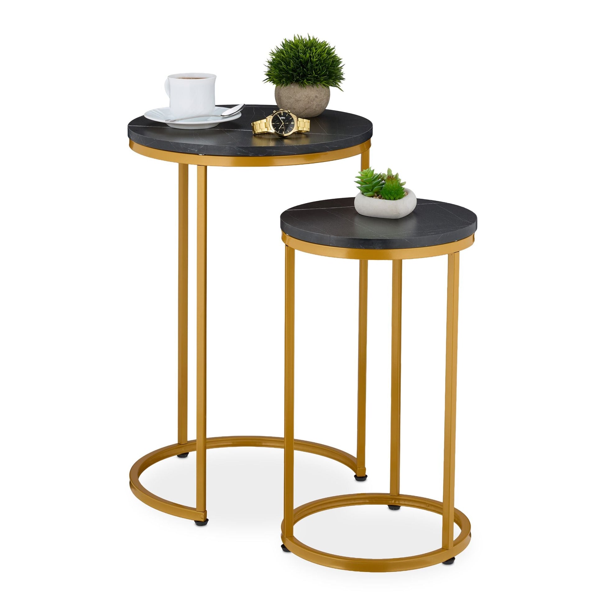 Satztisch 2er-Set Marmoroptik & Metall Gold-Schwarz von Relaxdays