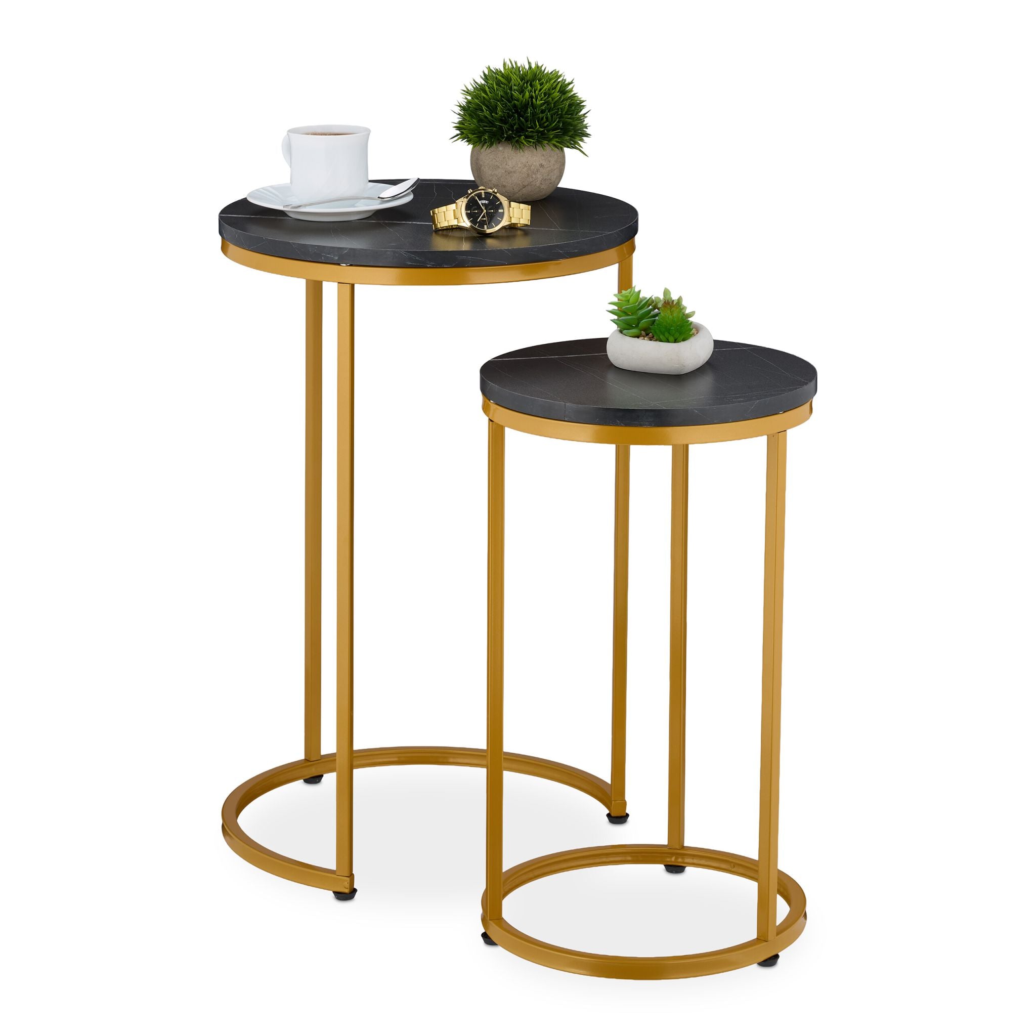 Satztisch 2er-Set Marmoroptik & Metall Gold-Schwarz von Relaxdays
