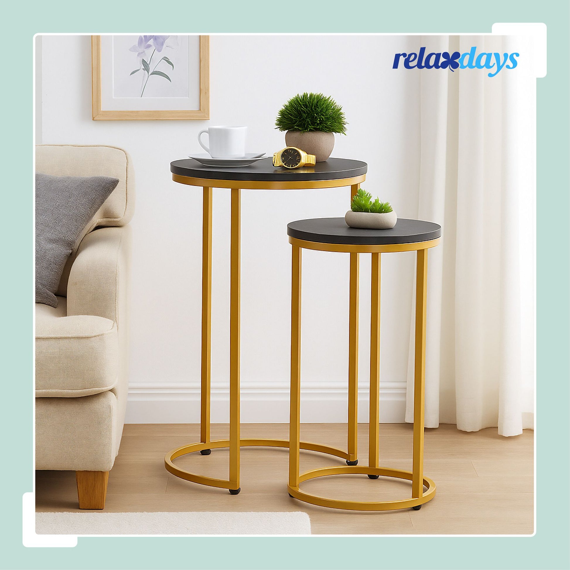 Satztisch 2er-Set Marmoroptik & Metall Gold-Schwarz von Relaxdays