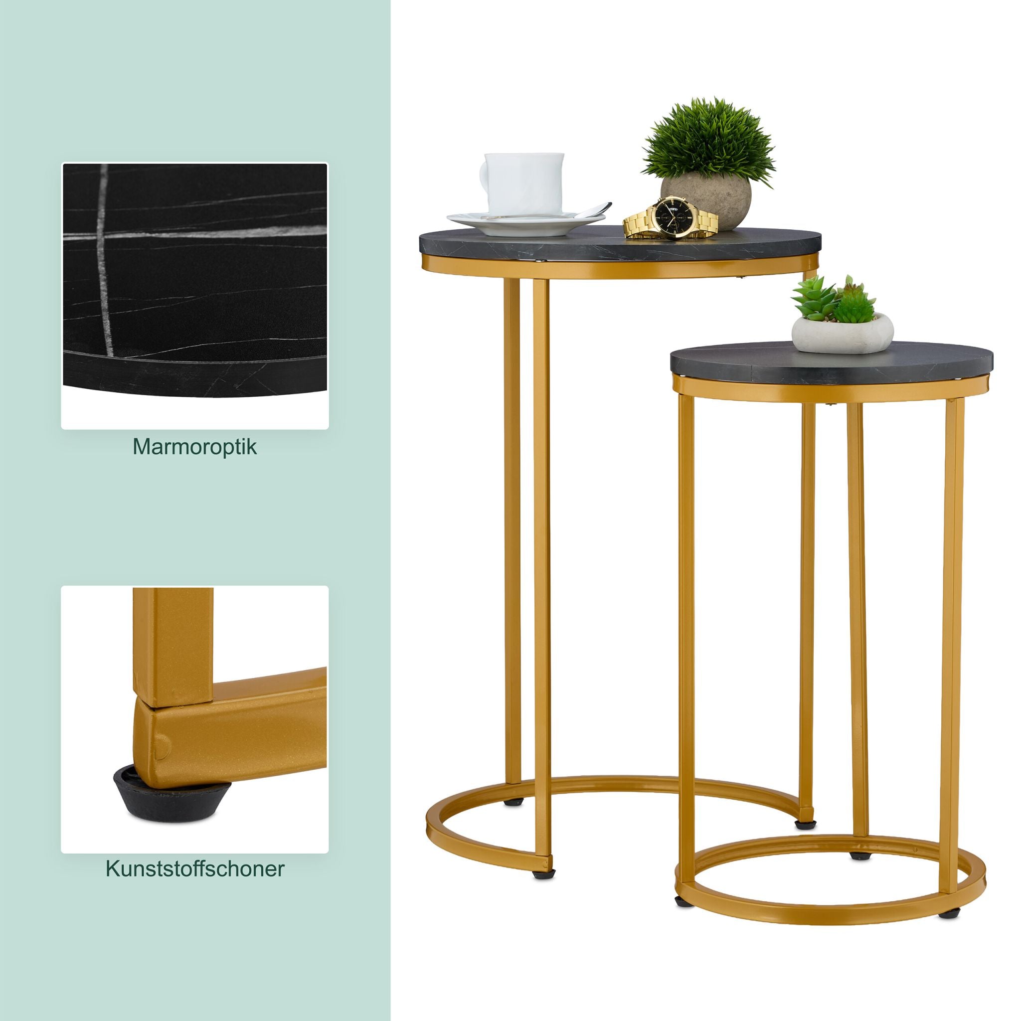 Satztisch 2er-Set Marmoroptik & Metall Gold-Schwarz von Relaxdays
