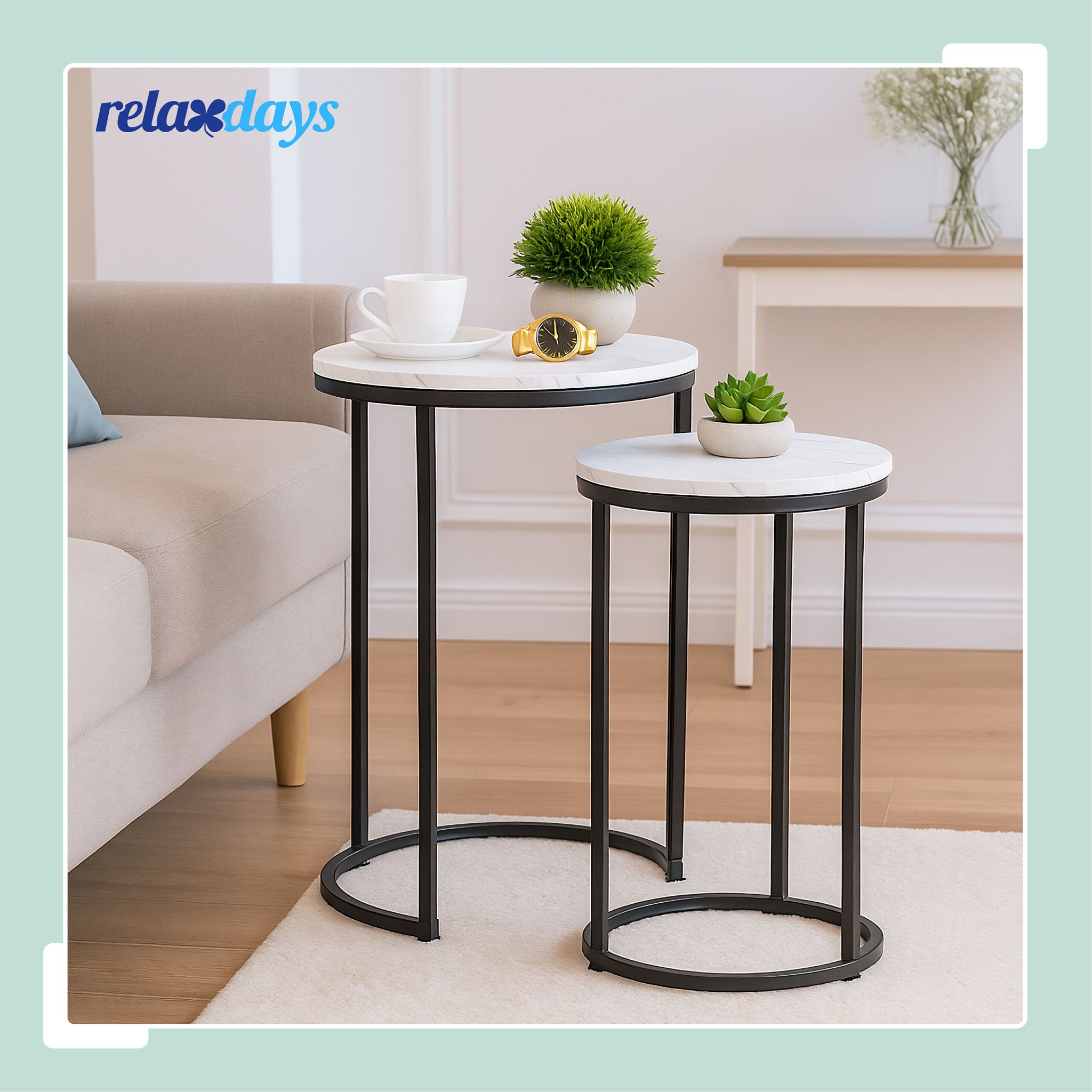 Satztisch 2er-Set Marmoroptik & Metall Weiss-Gold von Relaxdays
