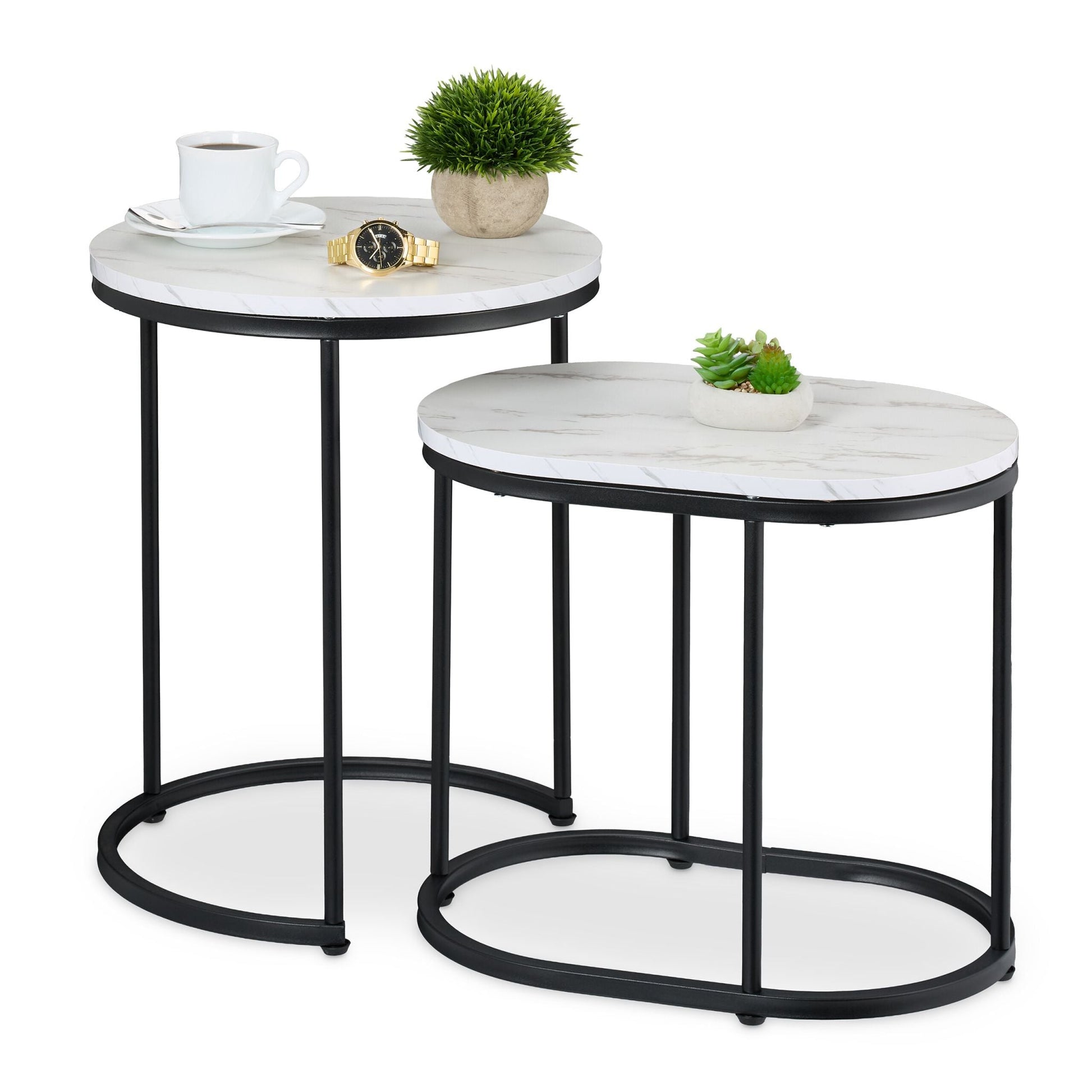 Satztisch 2er-Set Marmoroptik & Metall Weiss-Schwarz von Relaxdays