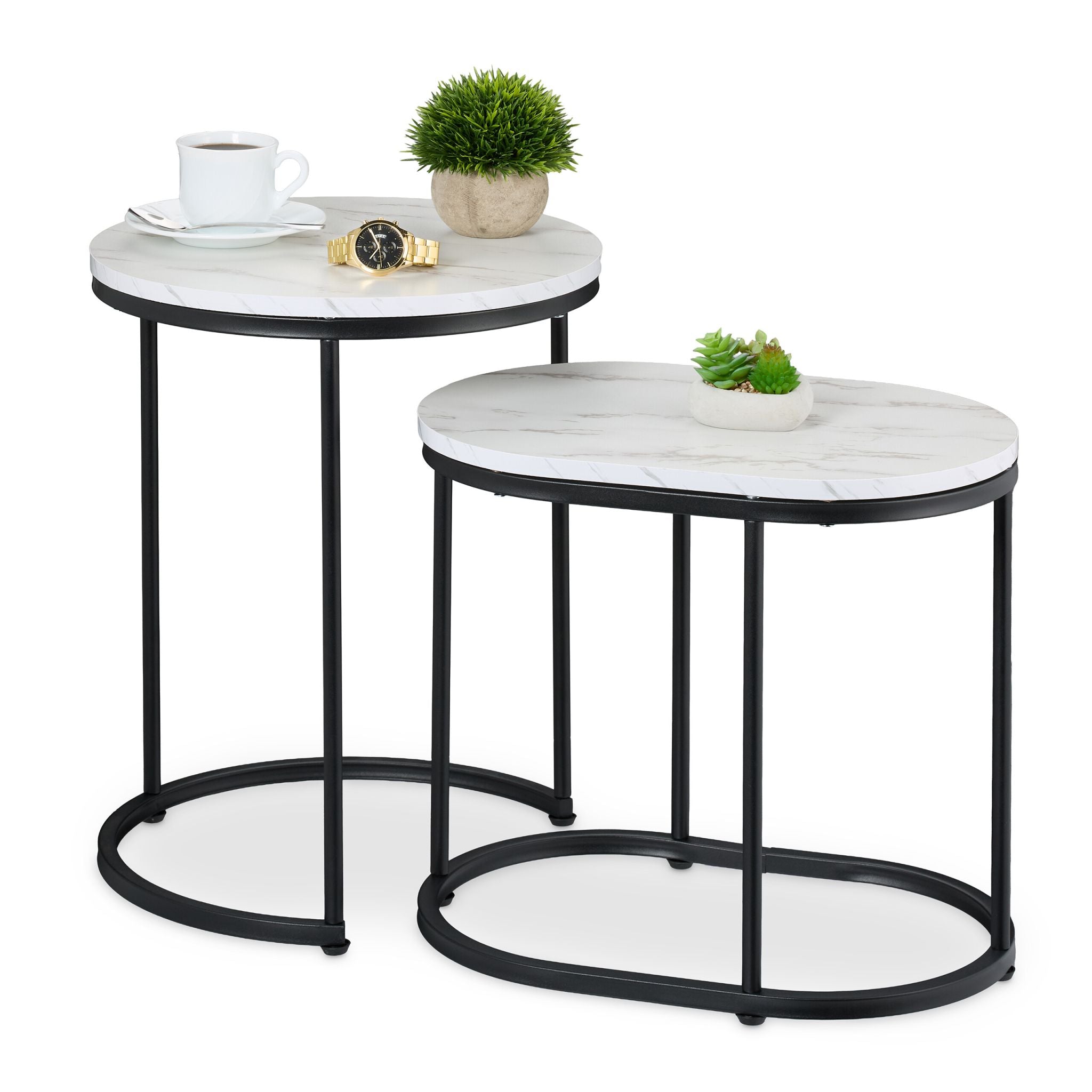 Satztisch 2er-Set Marmoroptik & Metall Weiss-Schwarz von Relaxdays