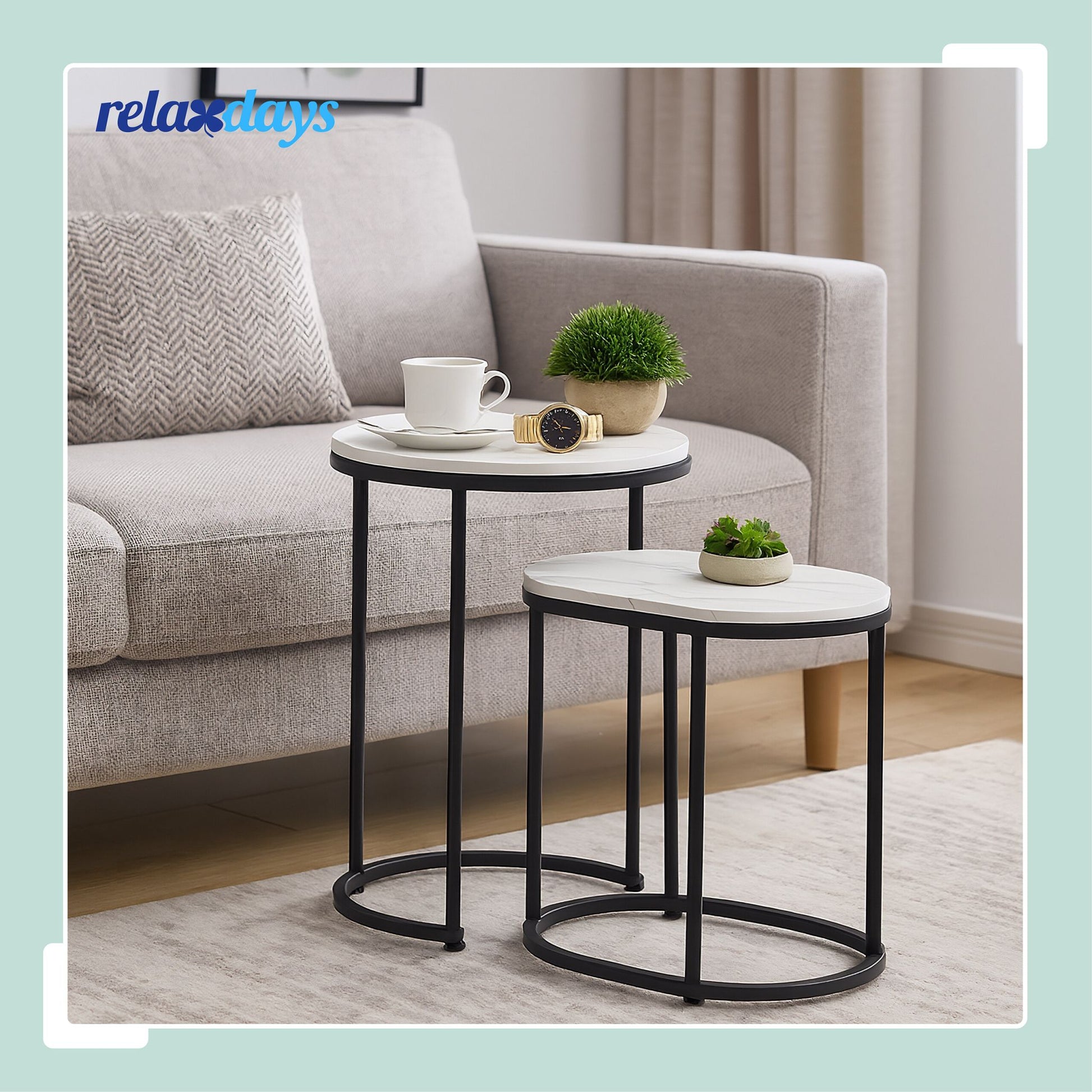 Satztisch 2er-Set Marmoroptik & Metall Weiss-Schwarz von Relaxdays